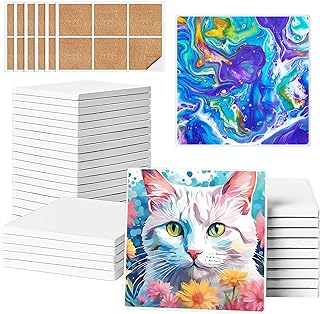 Ceramic Tiles for Crafts, GOH DODD 36 Pack Unglazed Blank Coasters with Cork Backing for Alcohol Ink Painting Acrylic Pouring Art Projects Housewarming Gifts Wedding School Education, 4 Inch