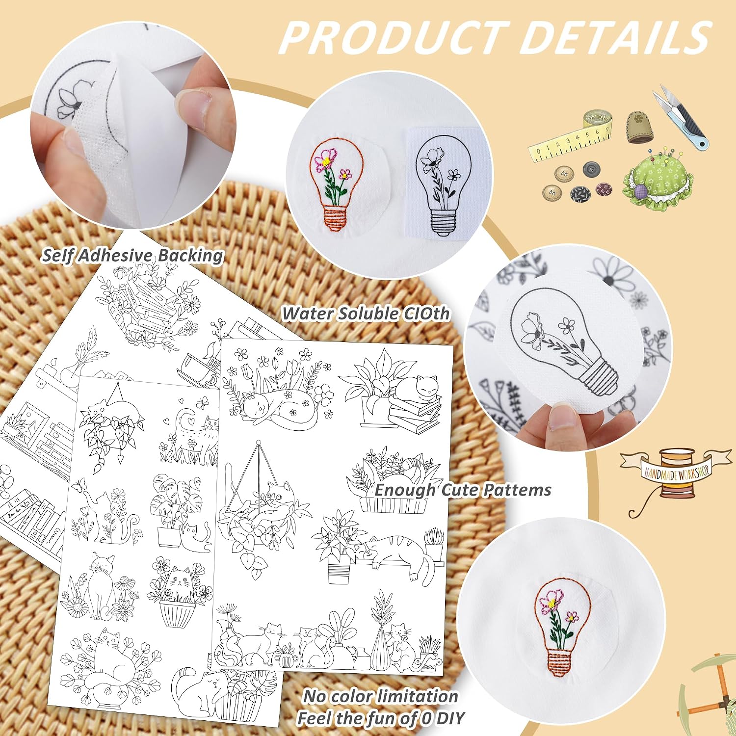 Water Soluble Stabilizer Embroidery Paper - Stick and Stitch Embroidery Paper Wash Away, 3 Sheet Embroidery Patterns, Potted Plant, Flower Book Cat Design, Hand Sewing Crafts