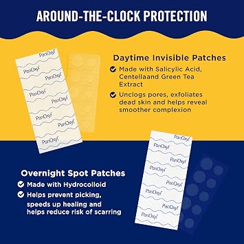 PanOxyl AM-PM Pimple Patch Duo, Daytime Invisible Salicylic Acid Care and Coverage/Overnight Hydrocolloid Spot Protection, Day-to-Night Blemish System, 80 Total Patches, Latex-Free