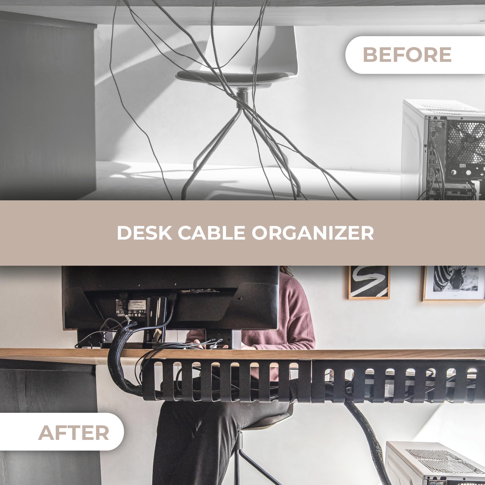 Pack of 2 Desk Cable Organiser - 40x10 cm Cable Trays - Matte Black - Ideal for Office Gaming, or TV Desk - Image 2