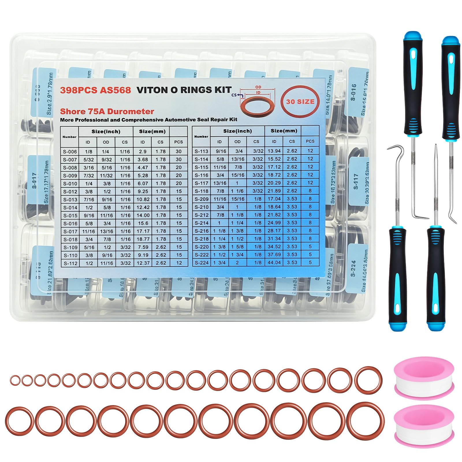 398PCS Viton O Ring per riparazione auto, 30 misure AS568 Viton O-Ring Kit, SAE FKM O-Ring guarnizioni per carburante auto, idraulico, A/C e sistema di linea di olio, guarnizioni in