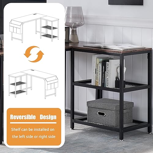 Miniatura 4 de VECELO Escritorio esquinero para computadora en forma de L con bolsa de almacenamiento y estante, mesa de oficina en casa para sala de estudio,