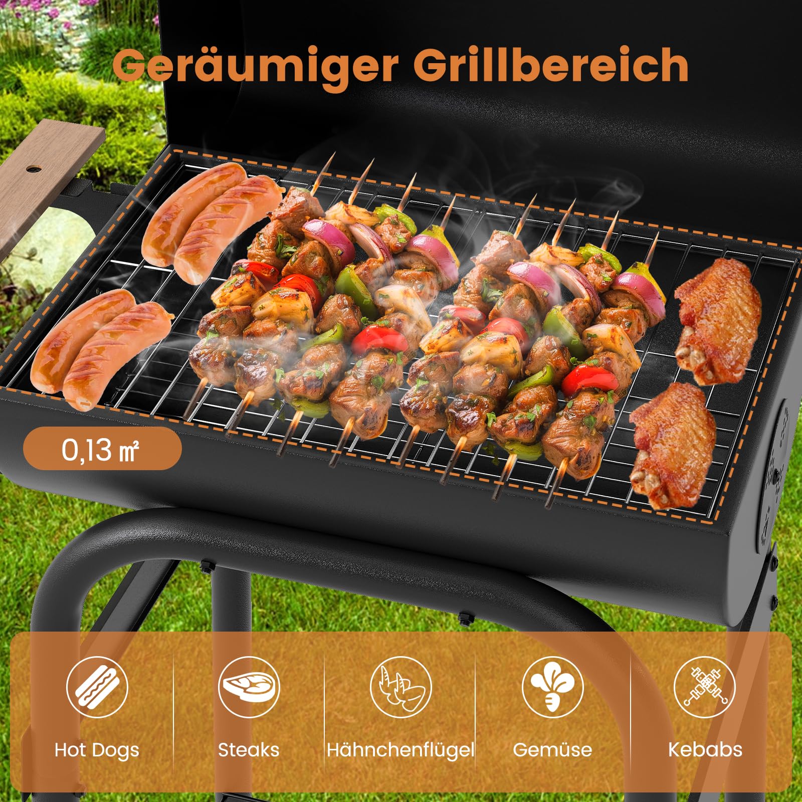 COSTWAY Grill na węgiel drzewny, wózek grillowy ze składanym stolikiem bocznym, termostatem, pokrywką, półką do przechowywania, uchwytem i 2 kółkami, do ogrodu, na imprezę, kemping, 84,5 x 49 x 110,5