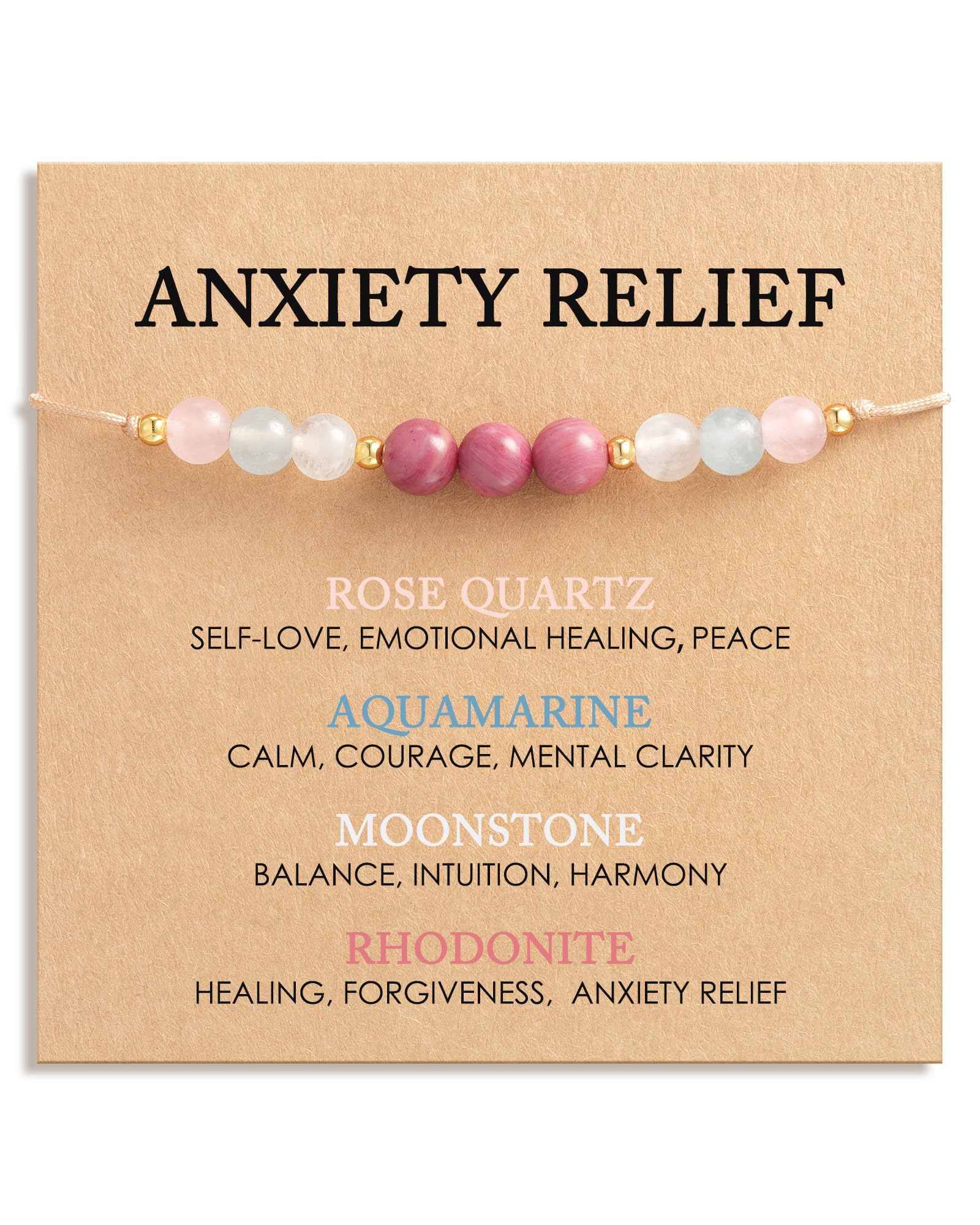 HGDEER Anxiety Relief Crystal Bracelet: 4 Natural Healing Stones (Rose Quartz, Moonstone, Aquamarine, Rhodonite)