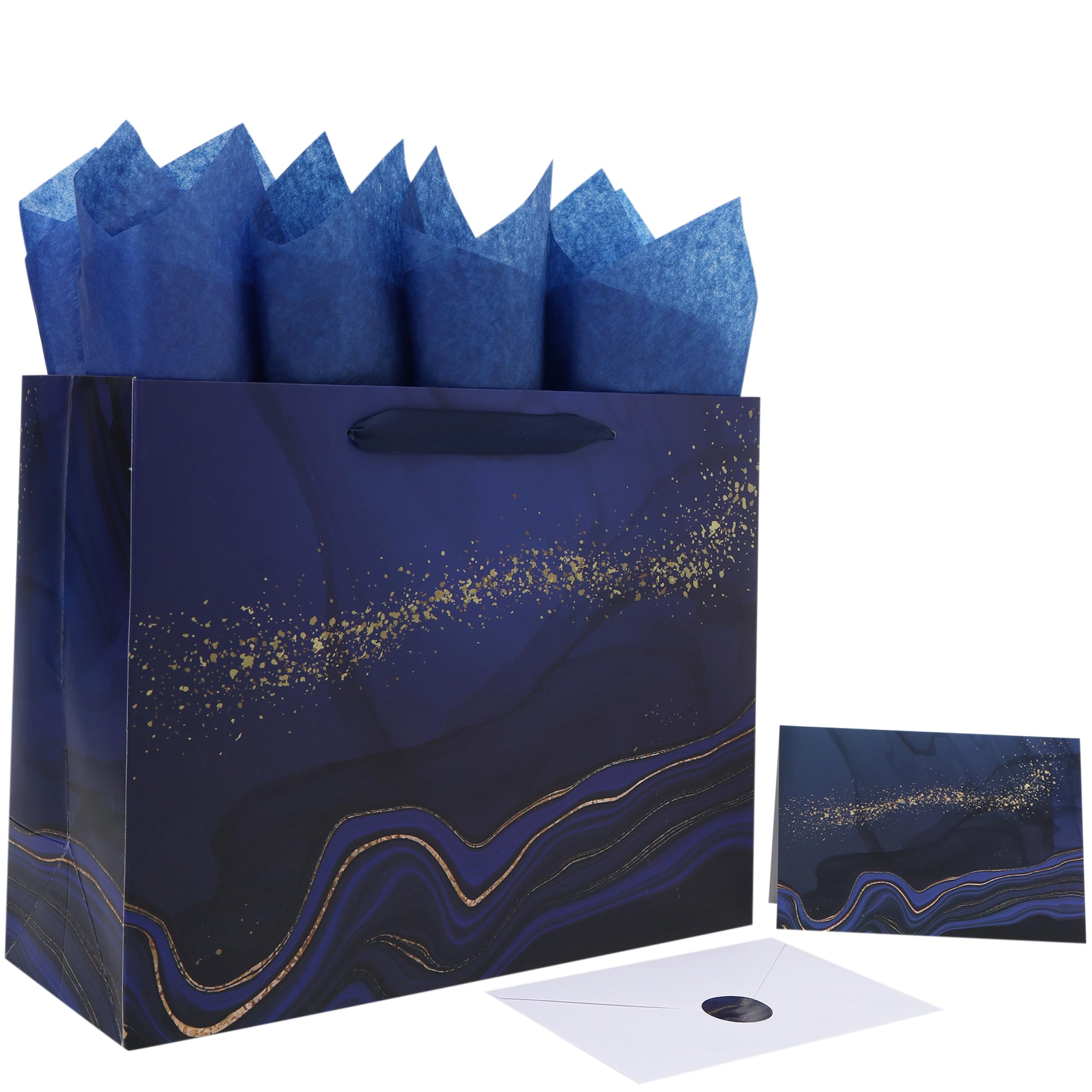 13'' Large Blue Marble Gift Bag Set with Handles, Greeting Card, Tissue Papers and Stickers for Men Boys Kids for Birthdays, Fathers Day, Graduations, Christmas, Baby Showers, Marble Design, 1 Pcs