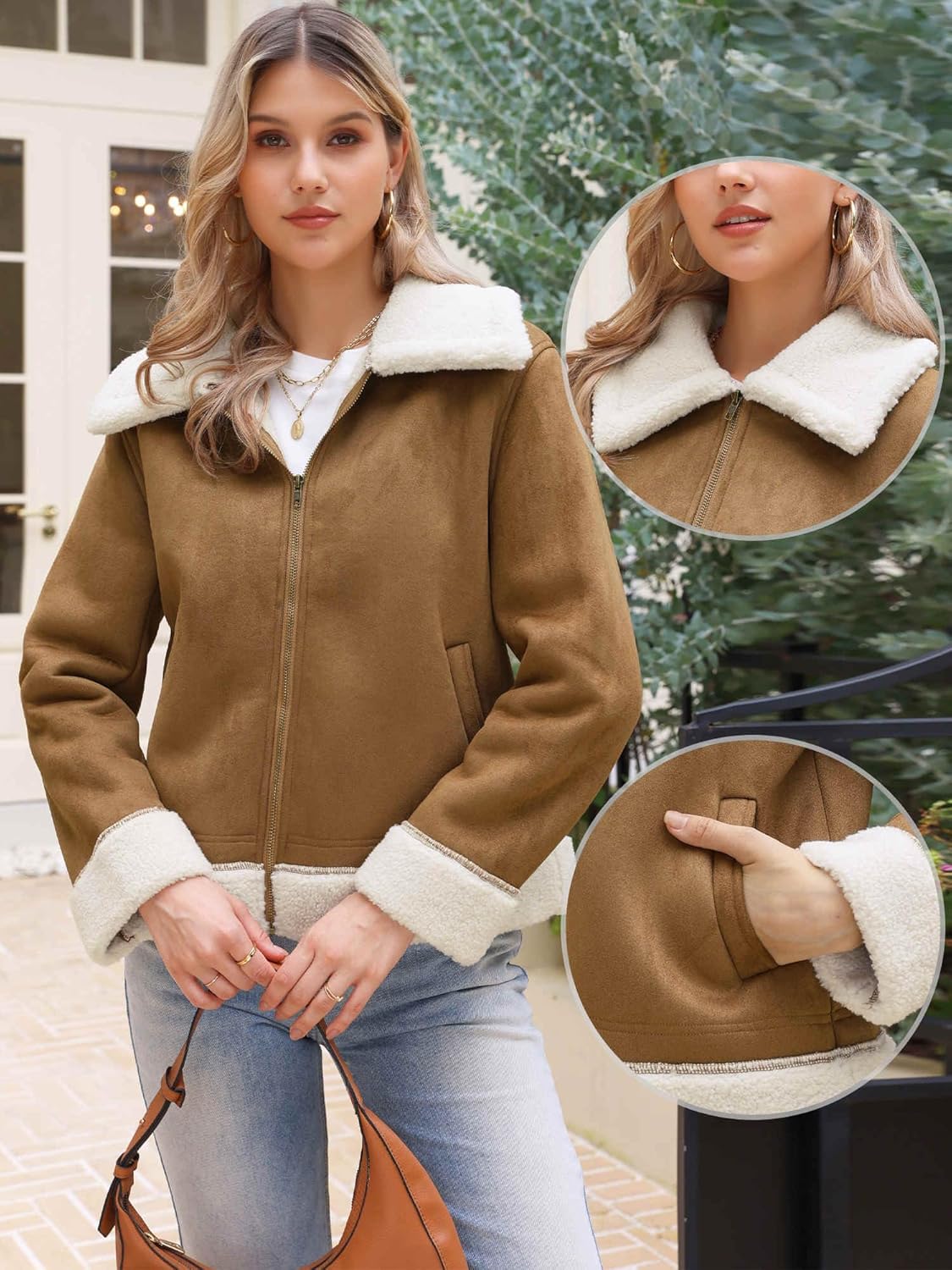 Allegra K Winter Faux Suede Jacket Coat for Women 2025 Faux Fur Shearing Lined Warm Thick Fleece Fuzzy Outerwear - Image 2