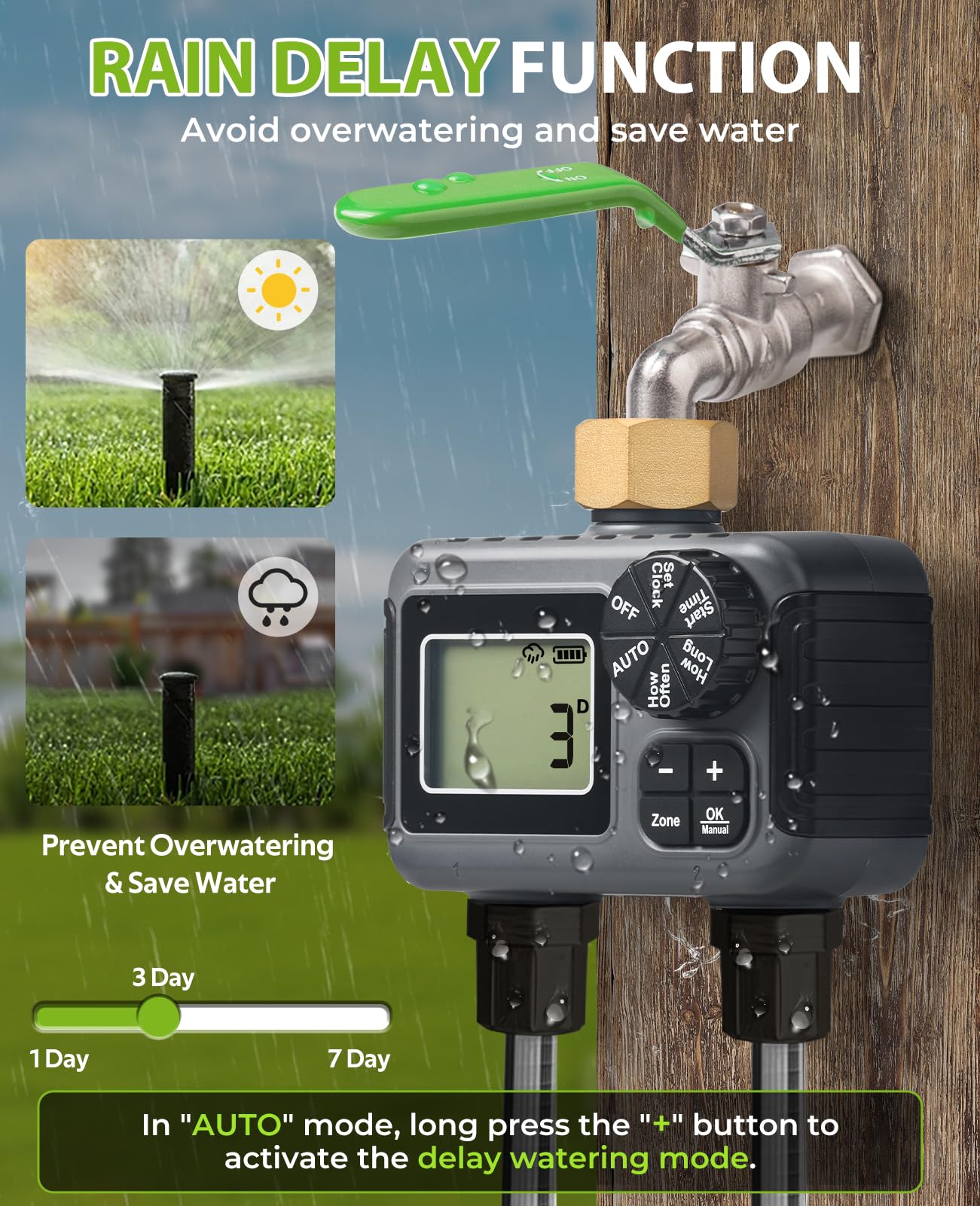 HIRALIY Timer per irrigazione, timer per tubo da giardino, 2 zone, programmabile per irrigazione, sistema di irrigazione automatico per prato da cortile, girevole in ottone, impermeabile IP5