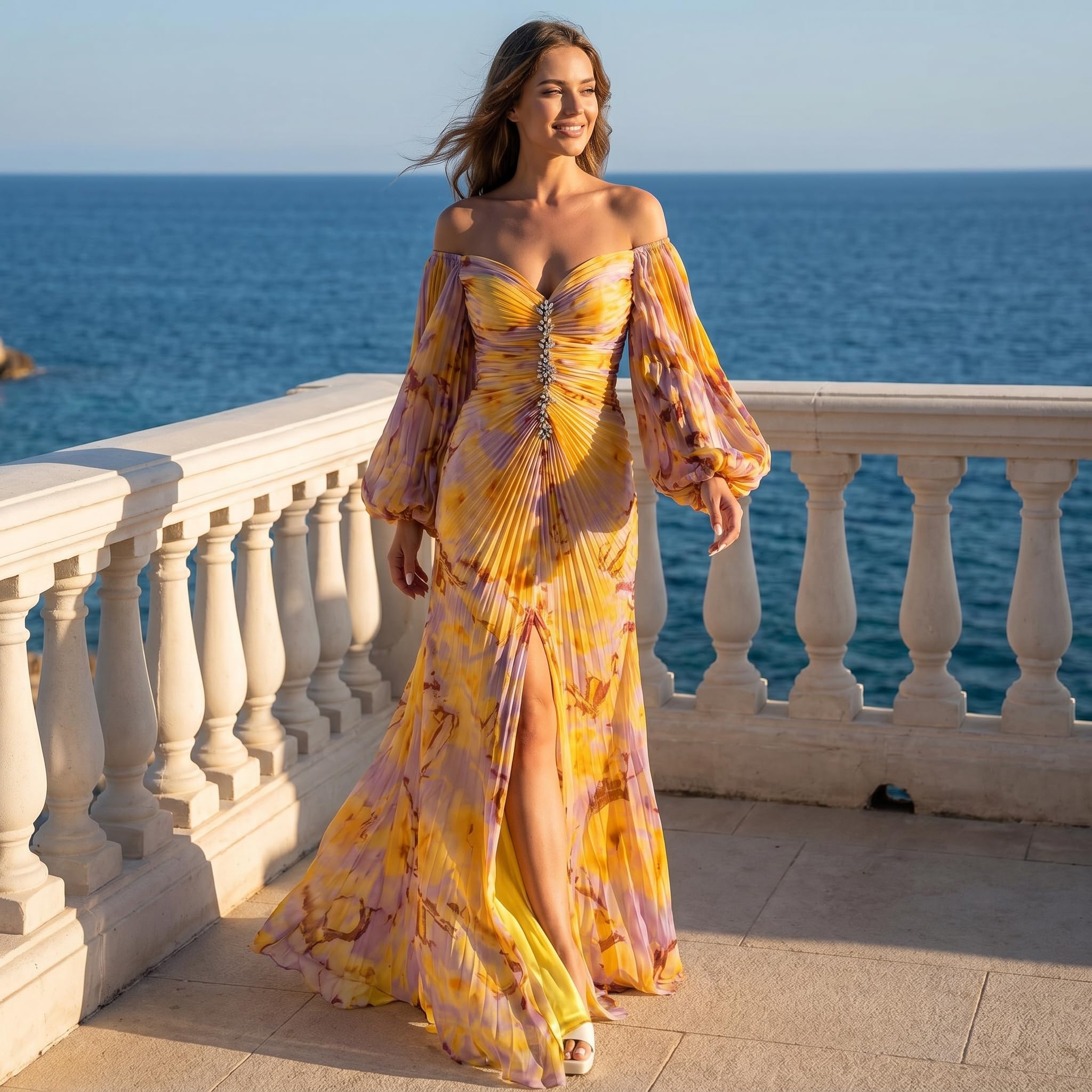 Vestido floral elegante de manga larga para mujer, elegante hombro descubierto, decoración de diamantes de imitación, plisado, manga larga, dobladillo dividido, maxi vestido