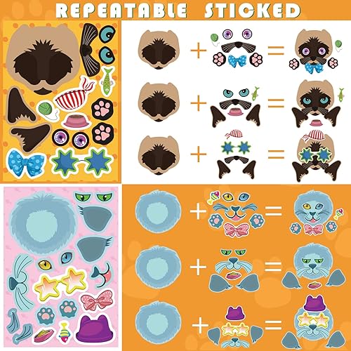 Miniatura 3 de 24 hojas de calcomanías de gatos, pegatinas para hacer caras, crea tus propias calcomanías de gatos, calcomanías de animales para niños, regalo de