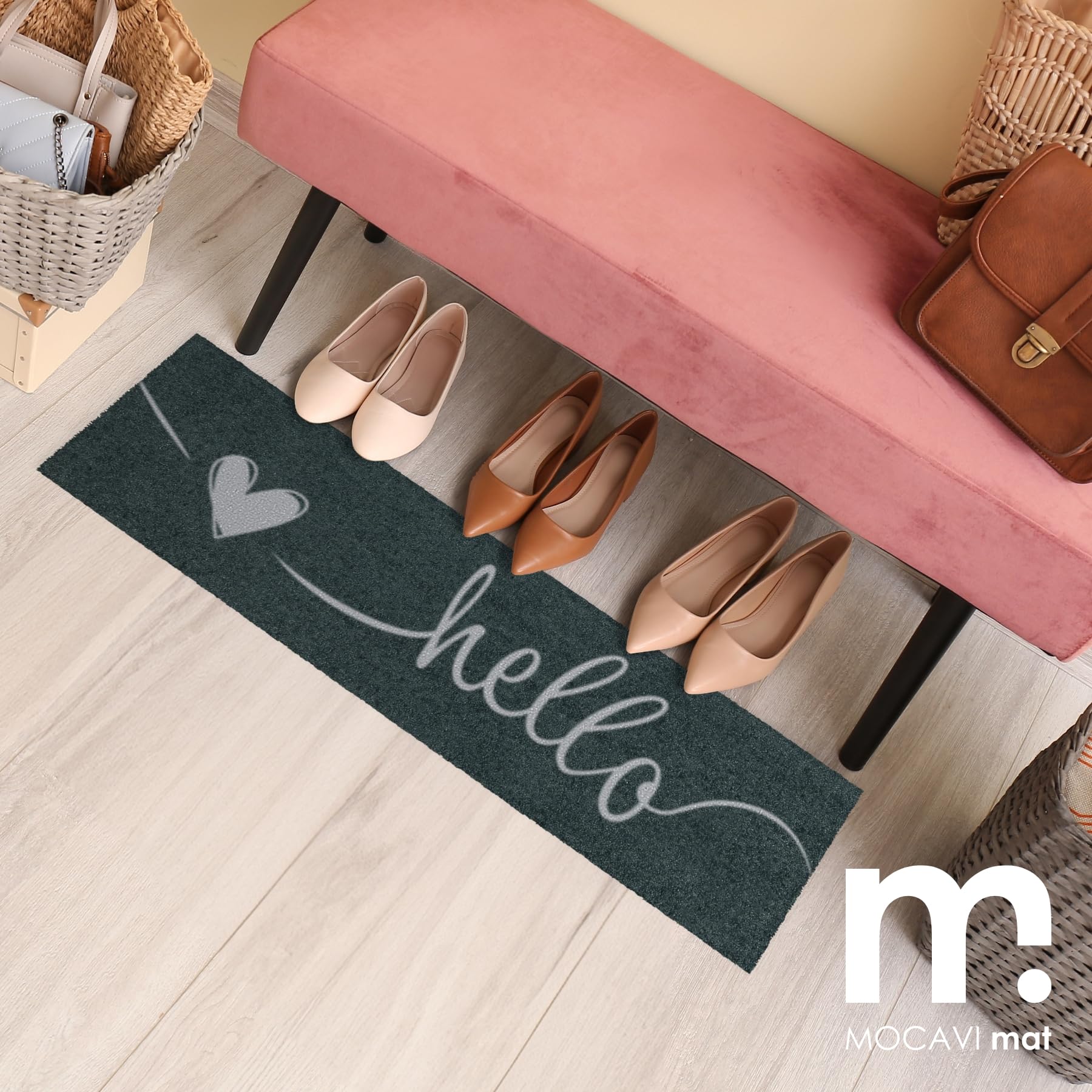 MOCAVI Mat Fußmatte Schuhparkplatz 30x100 cm waschbar Hello Herz Schuh-Teppich lang, schmal, Schuhe ausziehen, Deko sbereich innen, außen, Matte, Haustür, Stiefelmatte