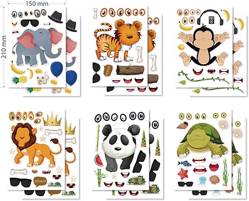 12 hojas de calcomanías para hacer tu propio animal de safari, hojas de calcomanías para mezclar y combinar con animales, suministros de fiesta para