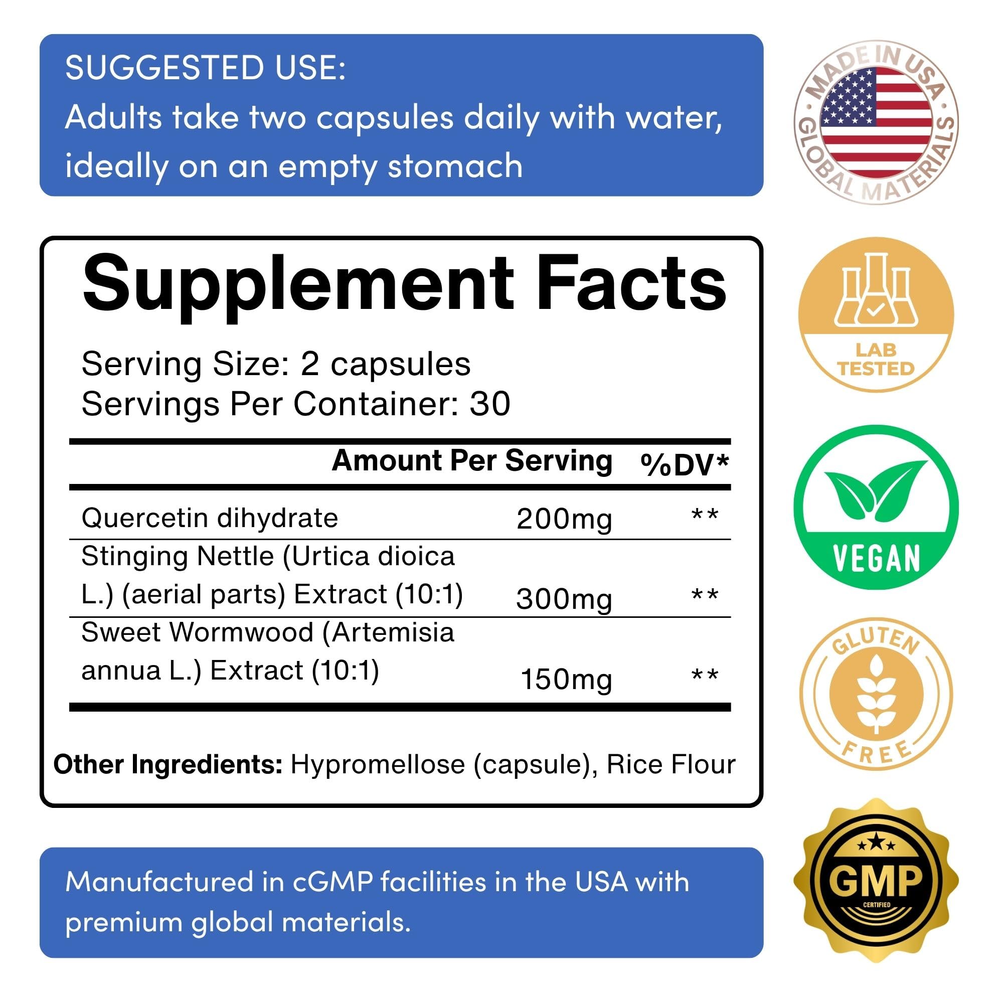 Histamine Blocker for Allergies - Quercetin, Stinging Nettle Flavonoids Natural Antihistamine Tablets - Allergy Relief Supplements & Antihistamines for Adults - 60 Vegan Histamine Block Capsules — Amazon image 4