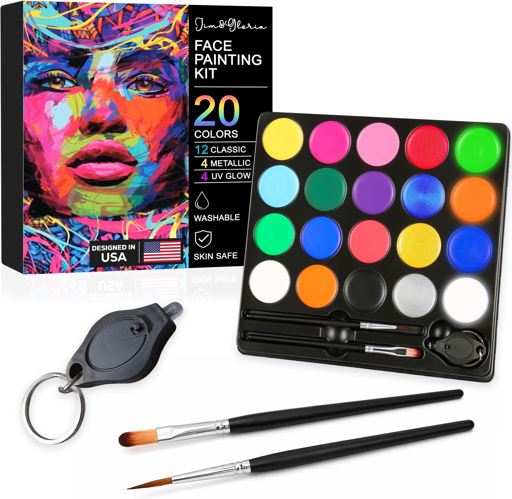 Jim&Gloria Day & Night Face Painting Kit, 20 Colors with 12 Classic, 4 Metallic & 4 UV Colors, Washable Face & Body Paint Palette with Brushes and UV Blacklight