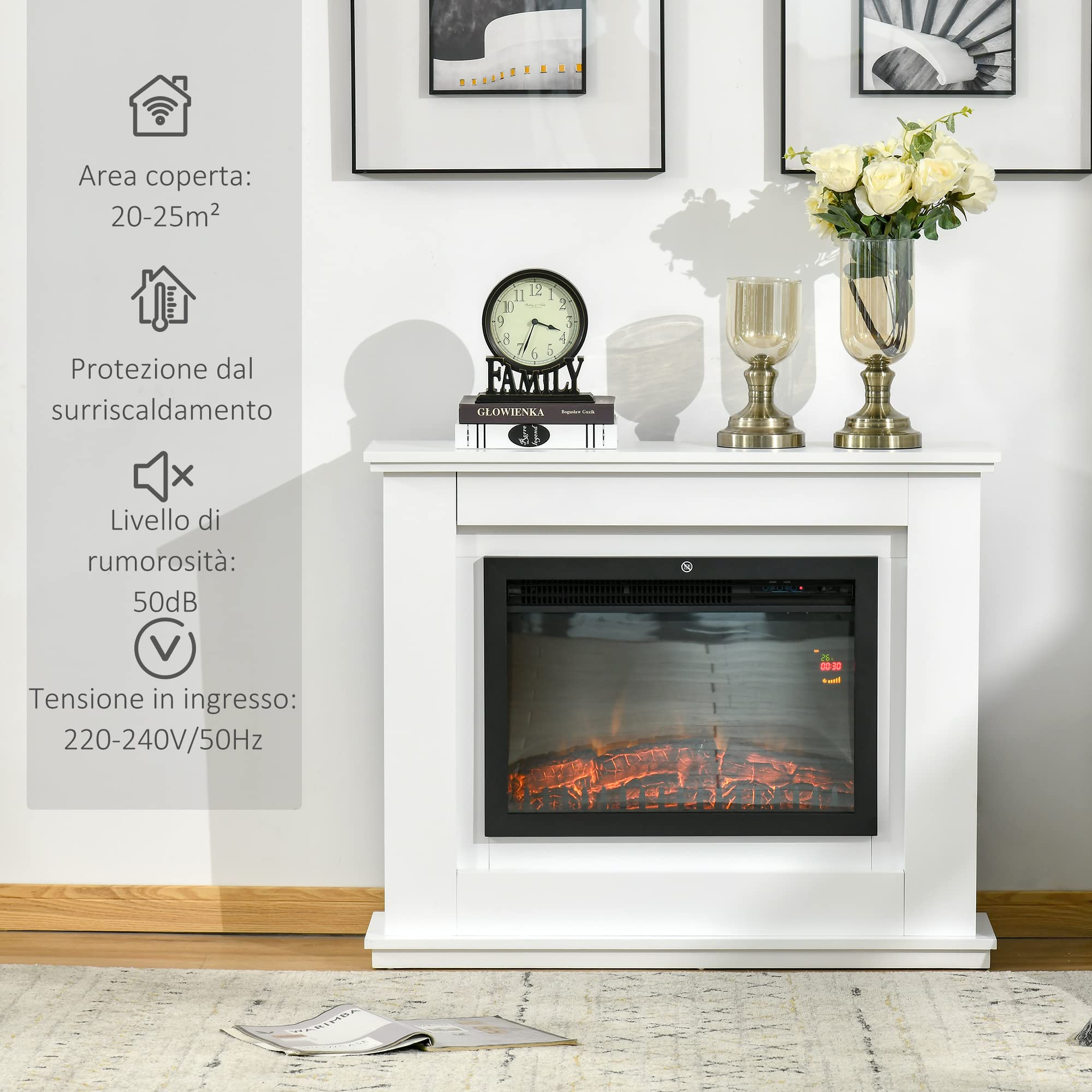 HOMCOM Camino Elettrico Effetto Fiamma Realistico 98x27.5x80cm Bianco | Cornice in Legno, Caminetto Elettrico, Termostato, Protezione da Surriscaldamento, Timer e Telecomando, 1000W e 2000W