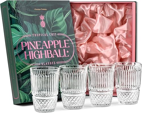 Vasos de cóctel vintage con diseño de piña, colección de cristalería tropical, juego de 4, cristalería HiBall de cristal de 12 onzas para beber