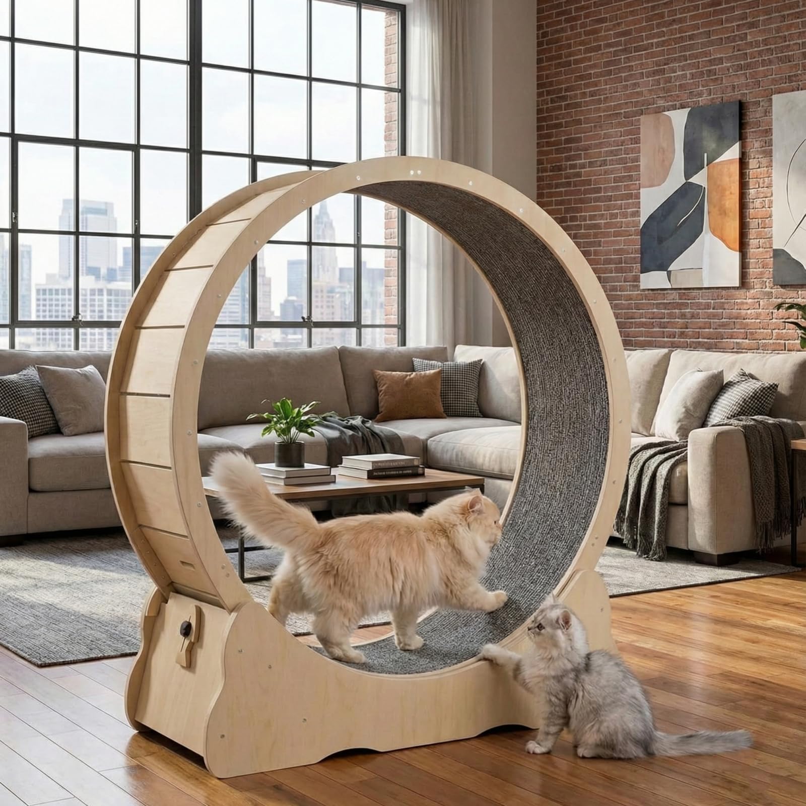 Keyzone Roue d'exercice pour chat d'intérieur, grand tapis roulant pour chat de 110 cm avec piste moquette pour une plus longue durée de vie du chaton, perte de poids, couleur bois naturel (taille XL)