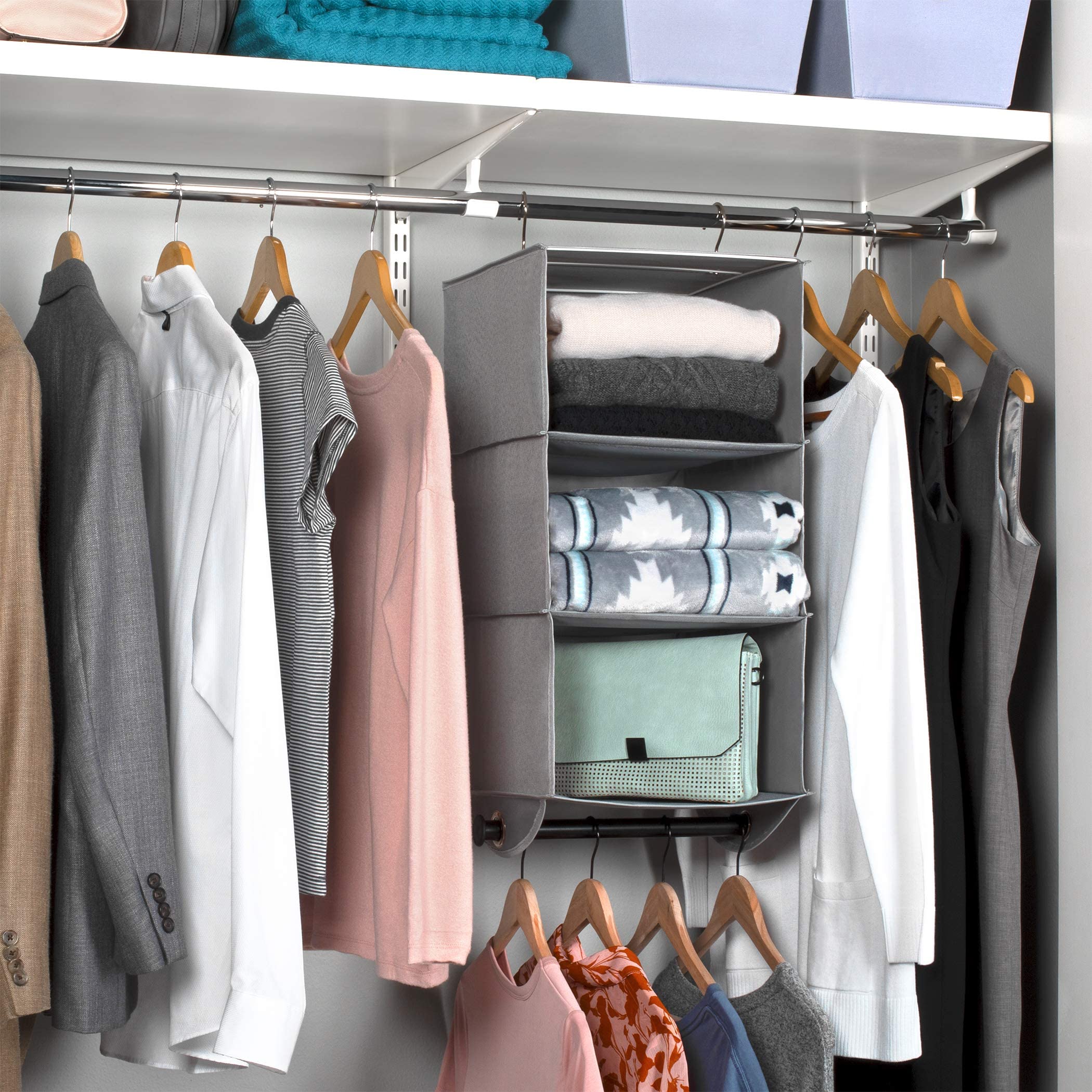 Hold N' Storage - Organizador de armario colgante de 3 estantes – Almacenamiento de armario y organizador colgante de armario RV – Gris con barra de metal negro – 12 pulgadas de ancho x 12 pulgadas de