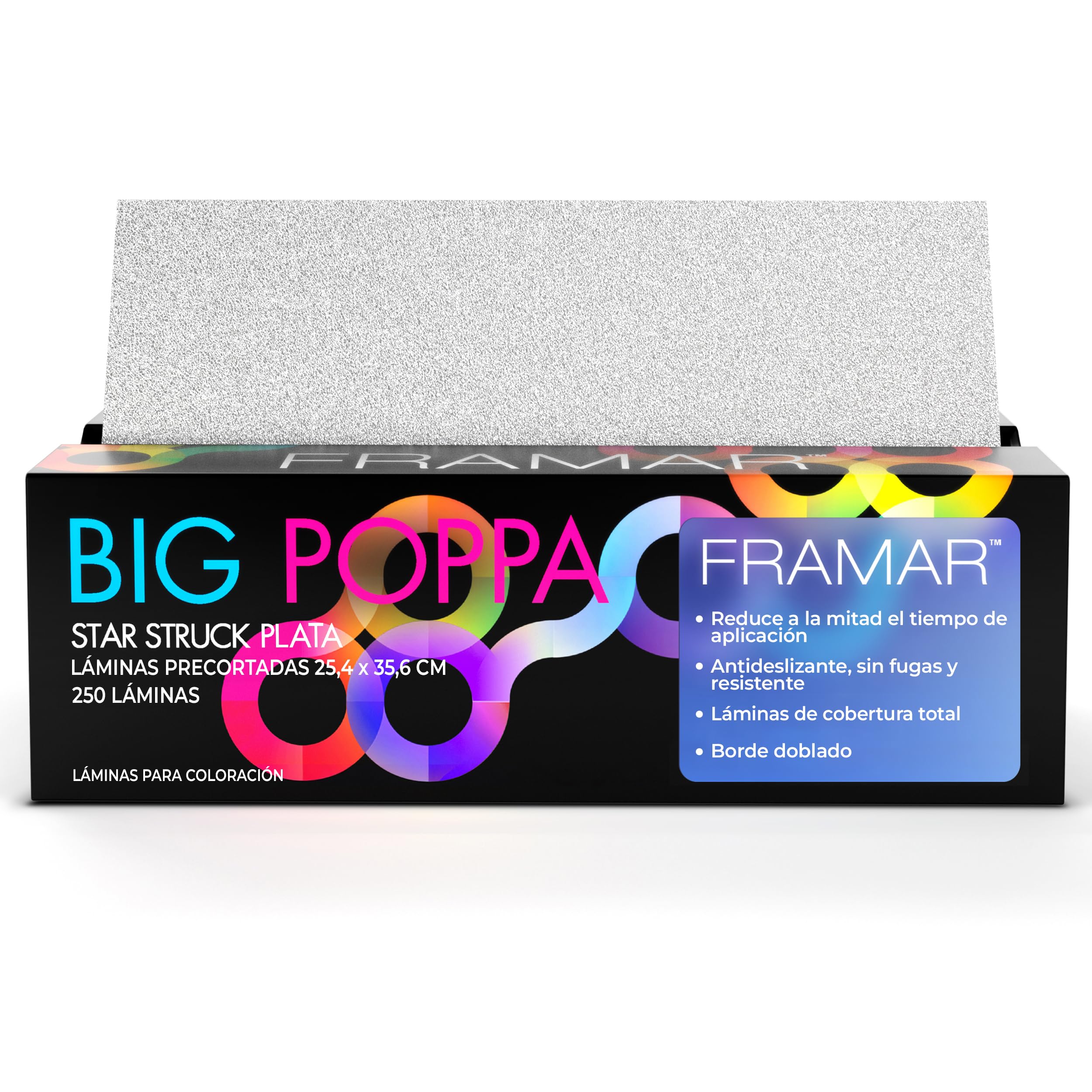 Framar Papel Mechas Peluqueria - Papel Aluminio Peluqueria, Láminas para el Cabello Precortadas y Antideslizantes en Caja Dispensadora – Big Poppa, Color Plateado, 250 Hojas – 36x26 cm