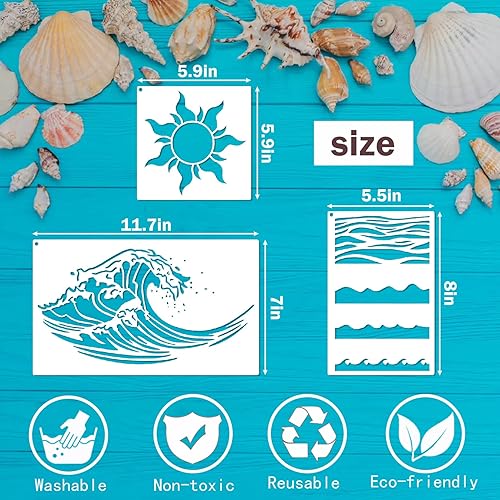 Miniatura 2 de Plantillas de olas de playa para pintar sobre madera, lienzo reutilizable, plantilla náutica de rayos solares para manualidades, proyectos de arte