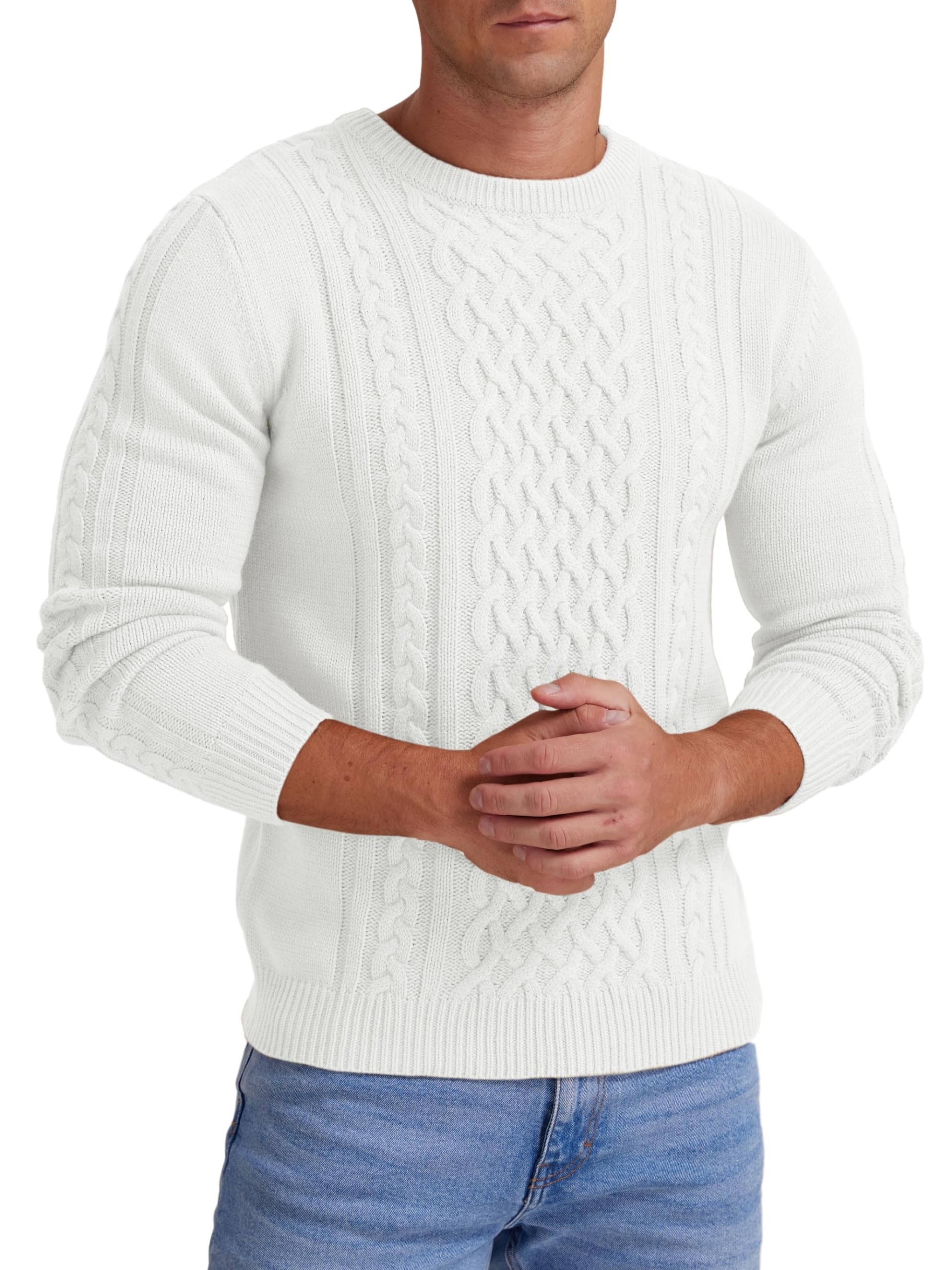 Hisir Pull Homme Hiver Cablé épais Col Rond Chaud Manches Longues Pullover Tricoté Col Rond Pulls Hommes