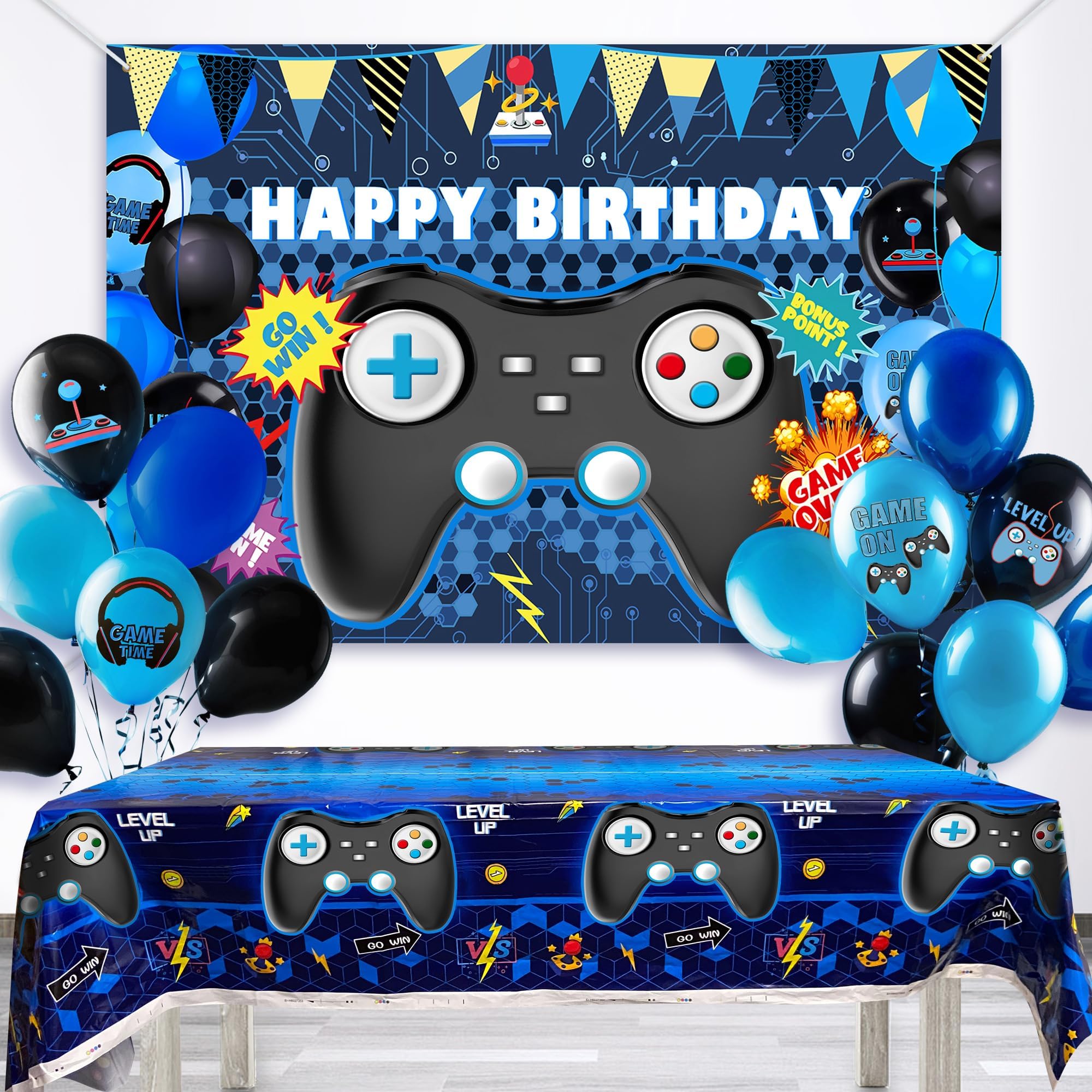 15 PCS Complete Video Game Party Decoration Set 1 Backdrop 1 Tablecloth 13 Latex Balloons and More Perfect for Gamer Party Supplies Boys and Girls