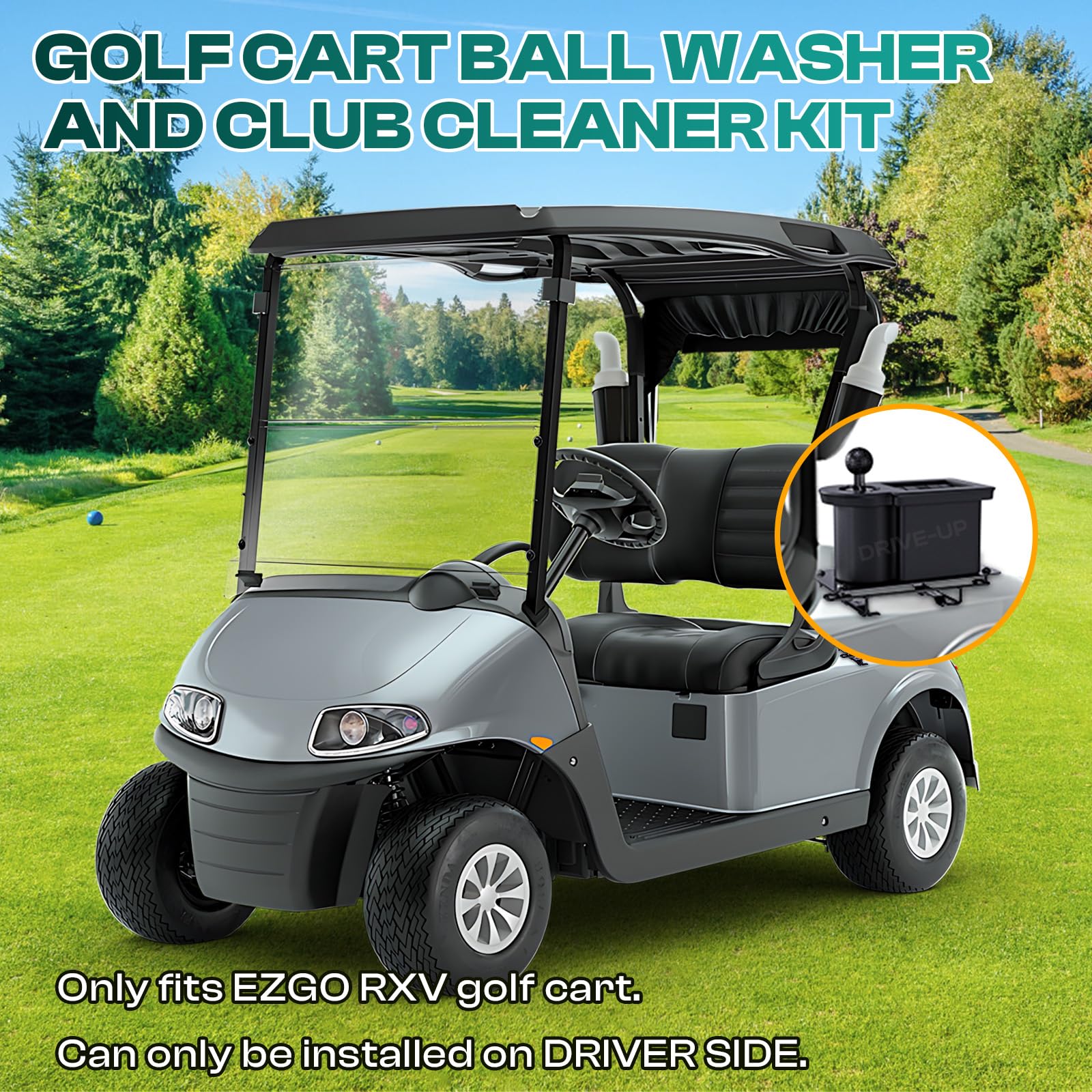 Drive-up Golfwagen-Ball-Unterlegscheibe und Schlägerreiniger-Set, Golfball-Unterlegscheibe und Golfschlägerkopfreiniger für EZGO RXV Gas- und Elektro-Golfwagen, Fahrerseite, OEM 603836