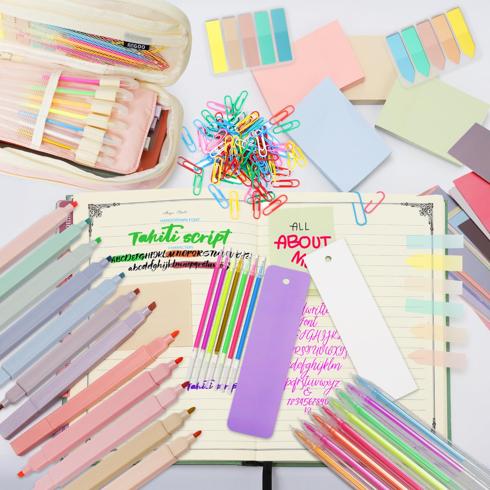Kaluofan Aesthetic Stationery Set, 103 PCS Pencil Case with Stationery Included, Highlighter Pens and Cores Double Head Pastel Highlighter Sticky Notes Traction Sticker Pen Bag Paper Bookmarks Clips - Image 3