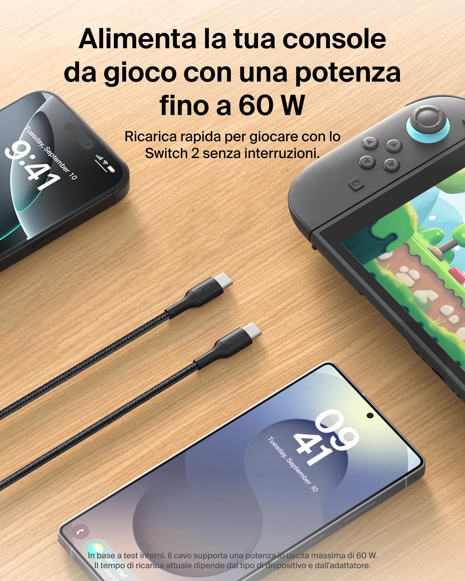 Belkin Gaming Cavo Intrecciato da USB-C a USB-C da 60 W (2m), Ricarica Rapida USB C per Nintendo Switch 2, iPhone 16, iPhone 15, iPad, MacBook Air, Chromebook, Samsung Galaxy S25 Ultra e altri, nero