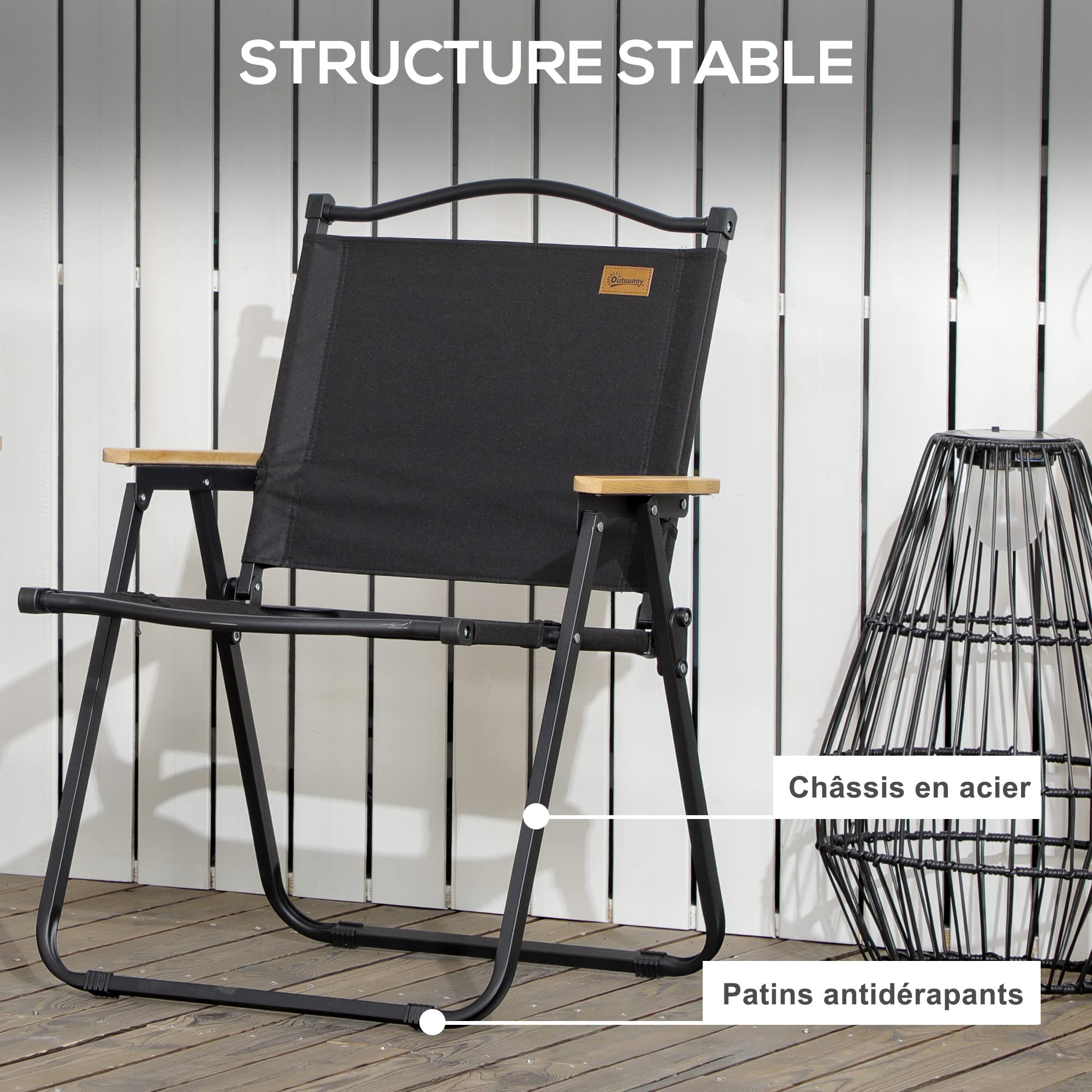 Outsunny Chaise de Camping Chaise de pêche Pliante avec accoudoirs - Tissu Oxford et Structure Acier - 54 x 59 x 78 cm - Noir