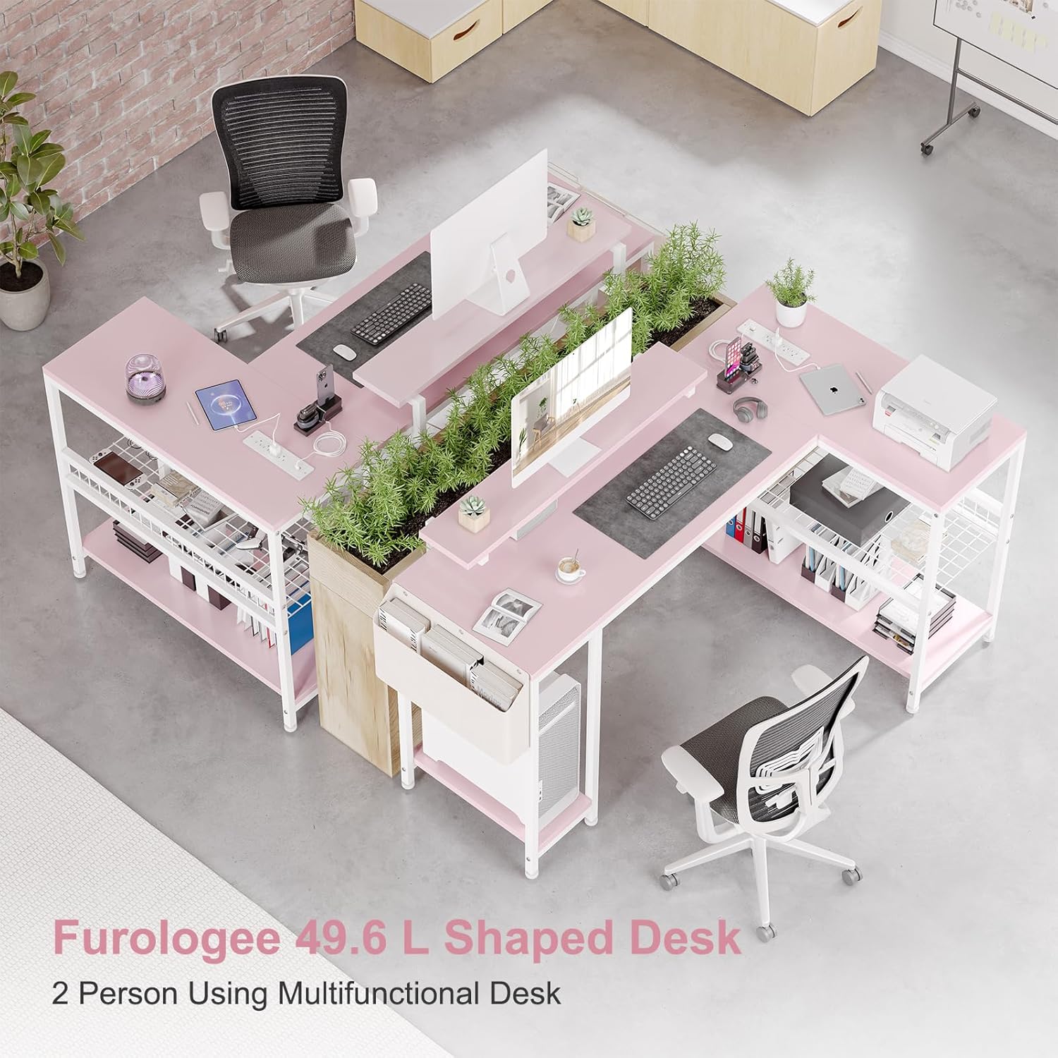 Jojoka L Shaped Computer Desk with Power Outlets & LED Light, 49.6" Reversible Corner Computer Desk with Storage Shelves & Monitor Stand, Home Office Desk, Gaming Desk, Writing Desk (Pink)
