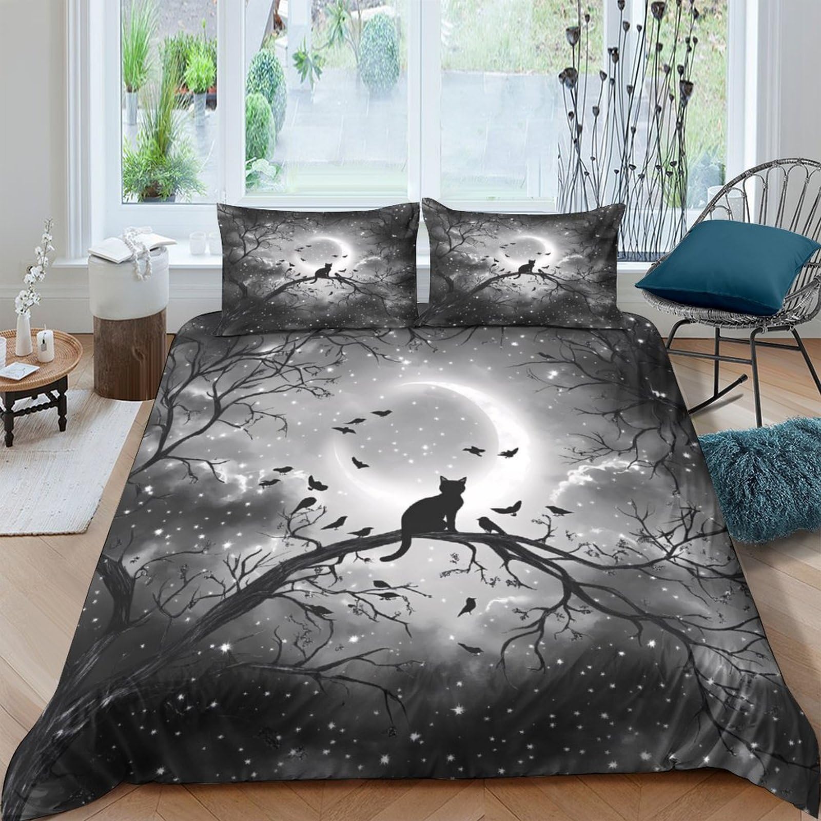 Ctjqhvkz Style-5 3D Printed Moonlight Cat Fitted Sheet Microfiber Soft Breathable Black Tree Shadow Bed Cover For Bedroom Dorm Mattress Décor Single（135X200cm）