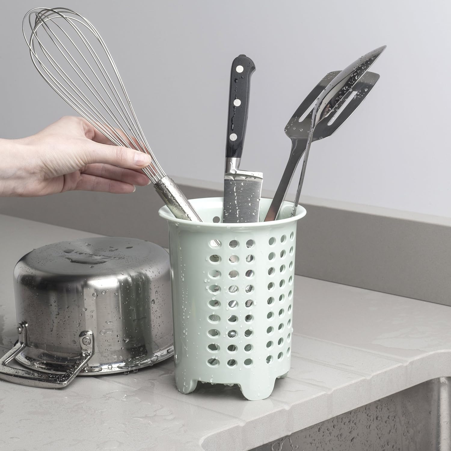 Zeal Cutlery Drainer/Utensil Pot, Melamine, Sage Green, 14 x 14 x 17 cm