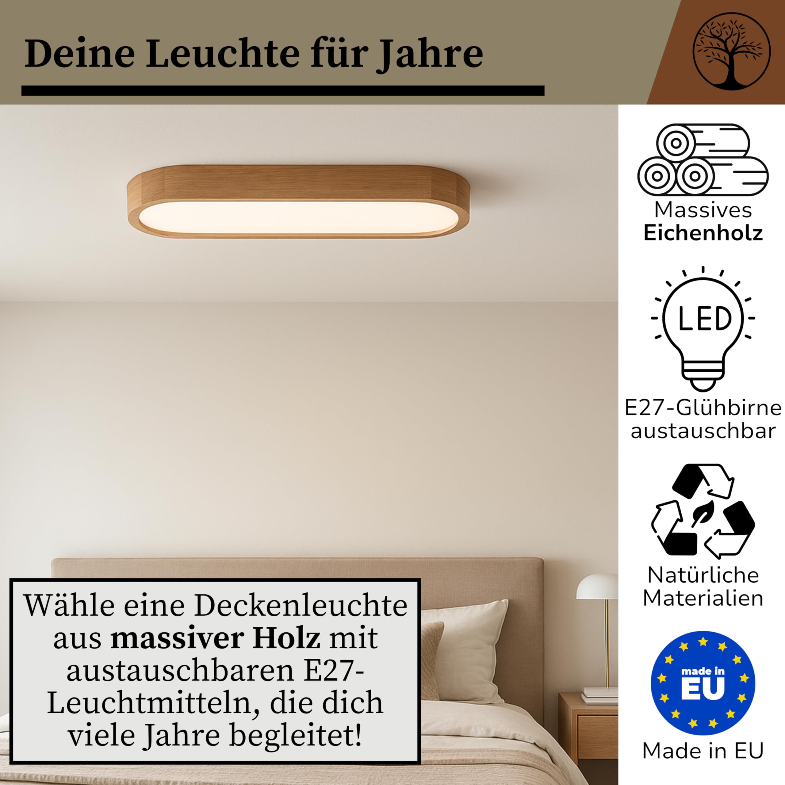 Deckenlampe - Oval Holz Deckenleuchte Eiche 3xE27 (68x20 cm) - Modern Beige Lampe für Schlafzimmer, Wohnzimmer, Flur, Küche - Stilvolle Eichenholz LEJA