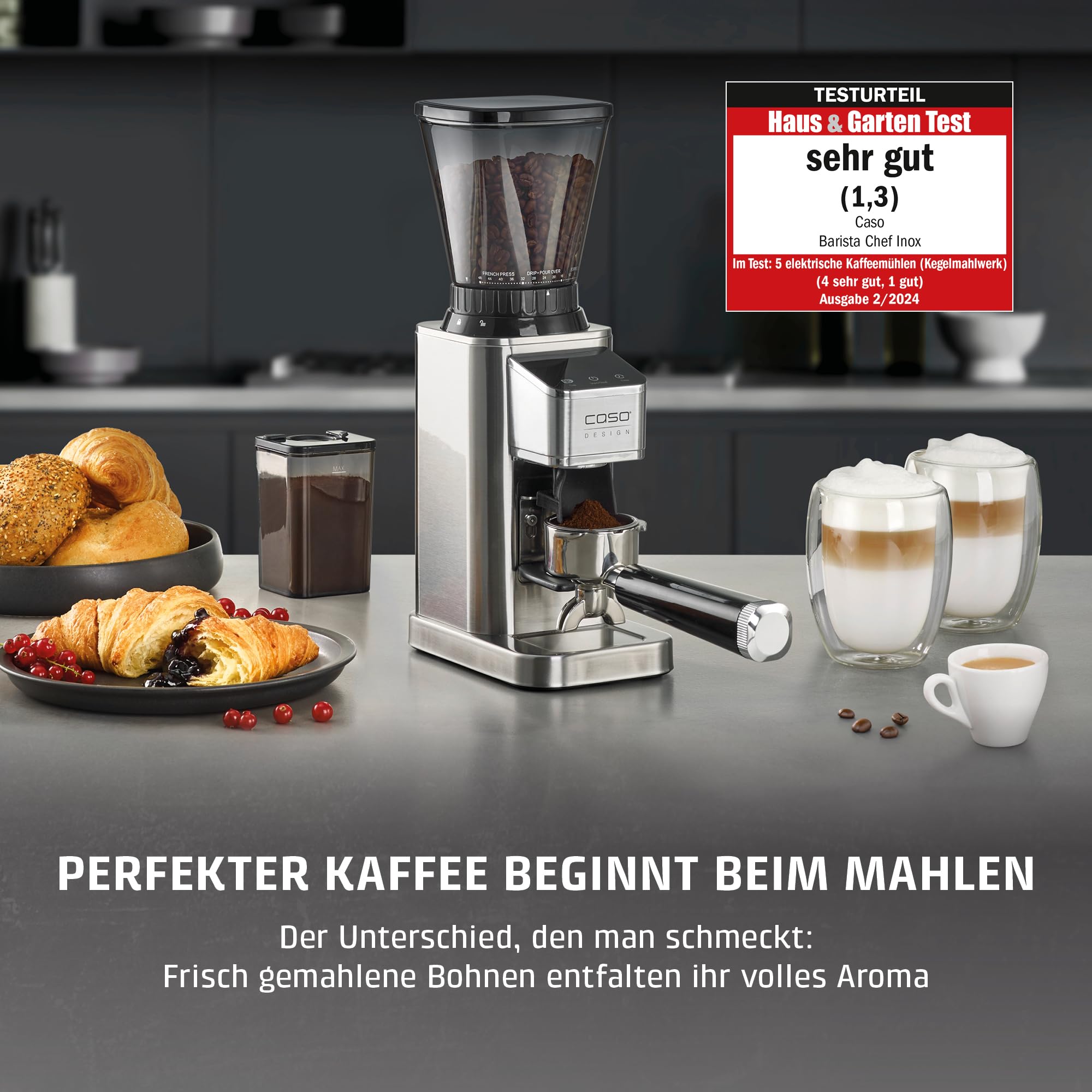 CASO BaristaChef Inox - elektrische Kaffeemühle, Testurteil: Sehr Gut, Edelstahl-Kegelmahlwerk, mit Siebträgerhalterung, 48 präzise Mahlgradstufen
