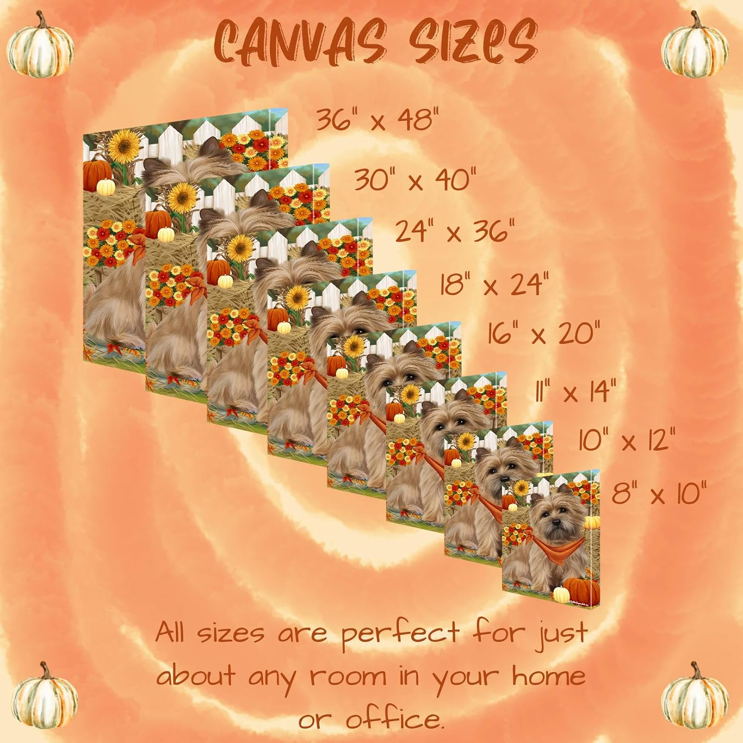 Fall Greeting with Cairn Terrier Dogs Canvas Wall Art - Premium Quality Ready to Hang Room Decor - Pecan Floating Framed 16" x 16"
