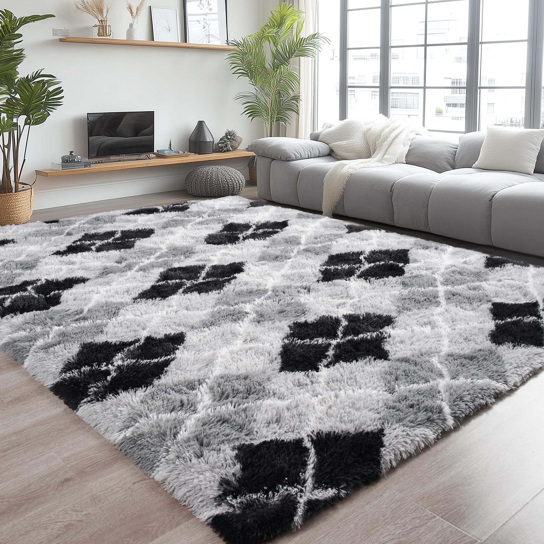 Chicrug Soft Area Rugs for Bedroom Living Room Plush Fluffy Rug 5x8 Feet, Shag Furry Area Rug Carpet Non Shedding for Nursery Children Kids Girls Room Home Decorative, Grey and Black
