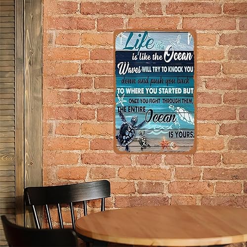 Miniatura 7 de Póster de metal Life Is Like The Ocean Turtle de 12 x 8 pulgadas, decoración de pared náutica de playa costera, color verde azulado, cita
