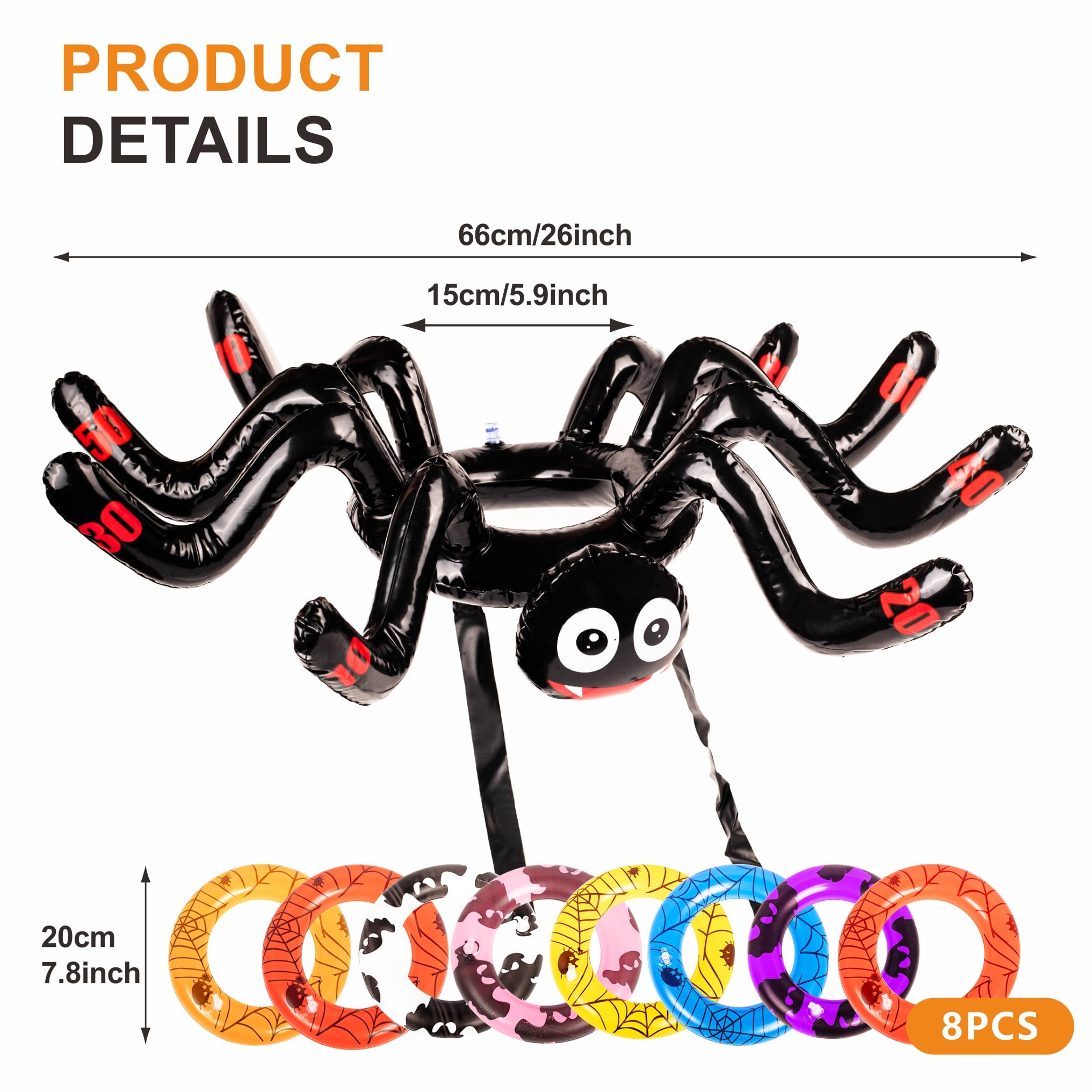 Inflatable Spider Hat Ring Toss Game Set - 8 Ring Halloween Party Toys for Kids & Adults, Family Halloween Fun Game Toys Indoor Outdoor - Image 2