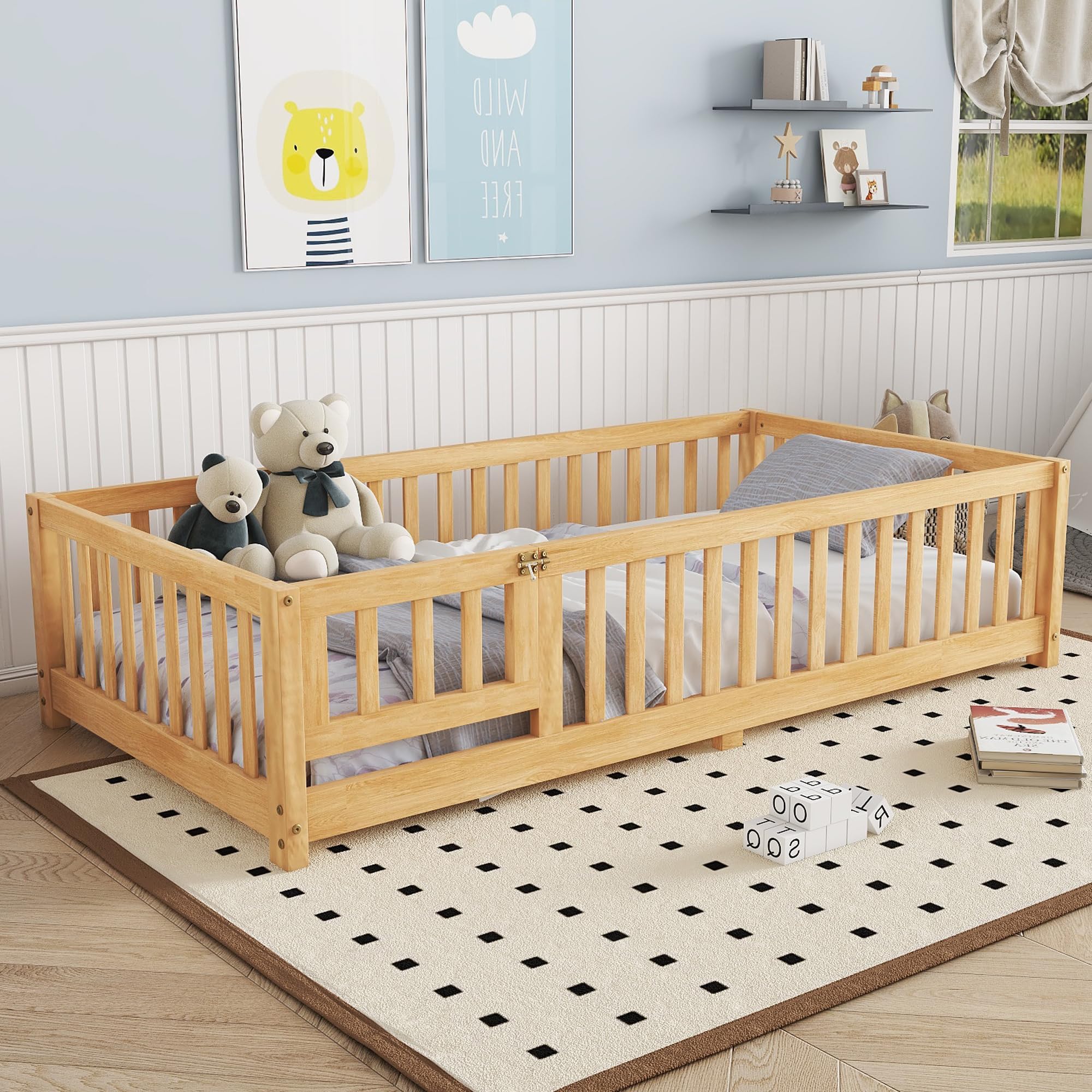 Bellemave Twin Floor Bed Frame with Slats and Safety Guardrail, Wood Twin Size Montessori Floor Bed with Door and Fence, Easy Assemble Montessori Beds for Kids, Girls, Boys, Natural