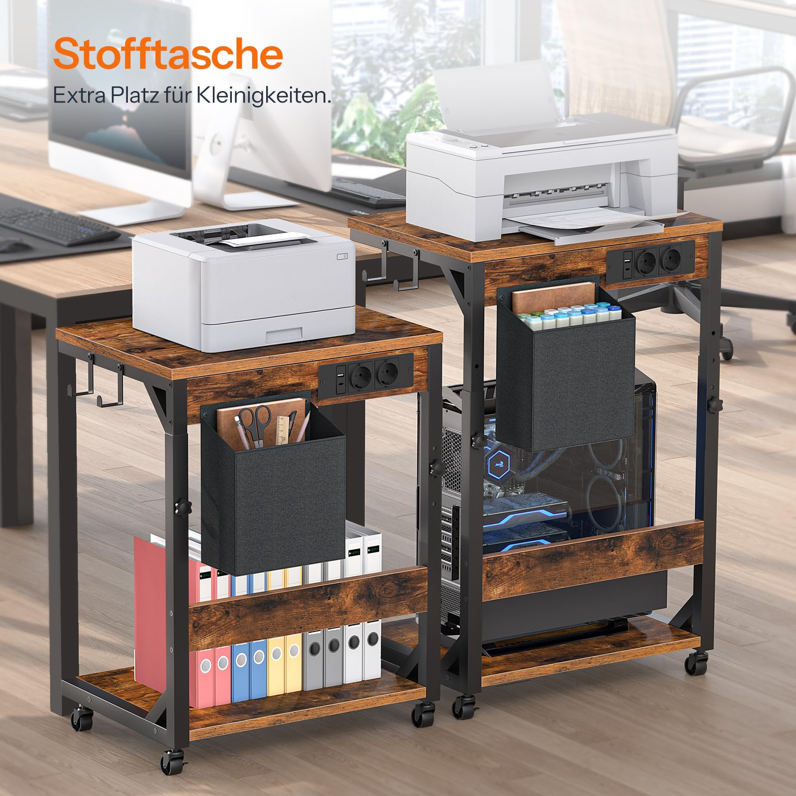 HOOBRO Druckerständer mit Ladestation, Computer Tower Ständer, Schreibtisch Drucker Cart mit Rollen, höhenverstellbar, für Wohnzimmer, Schlafzimmer, Büro, Vintagebraun und Schwarz EBF02CZJ01