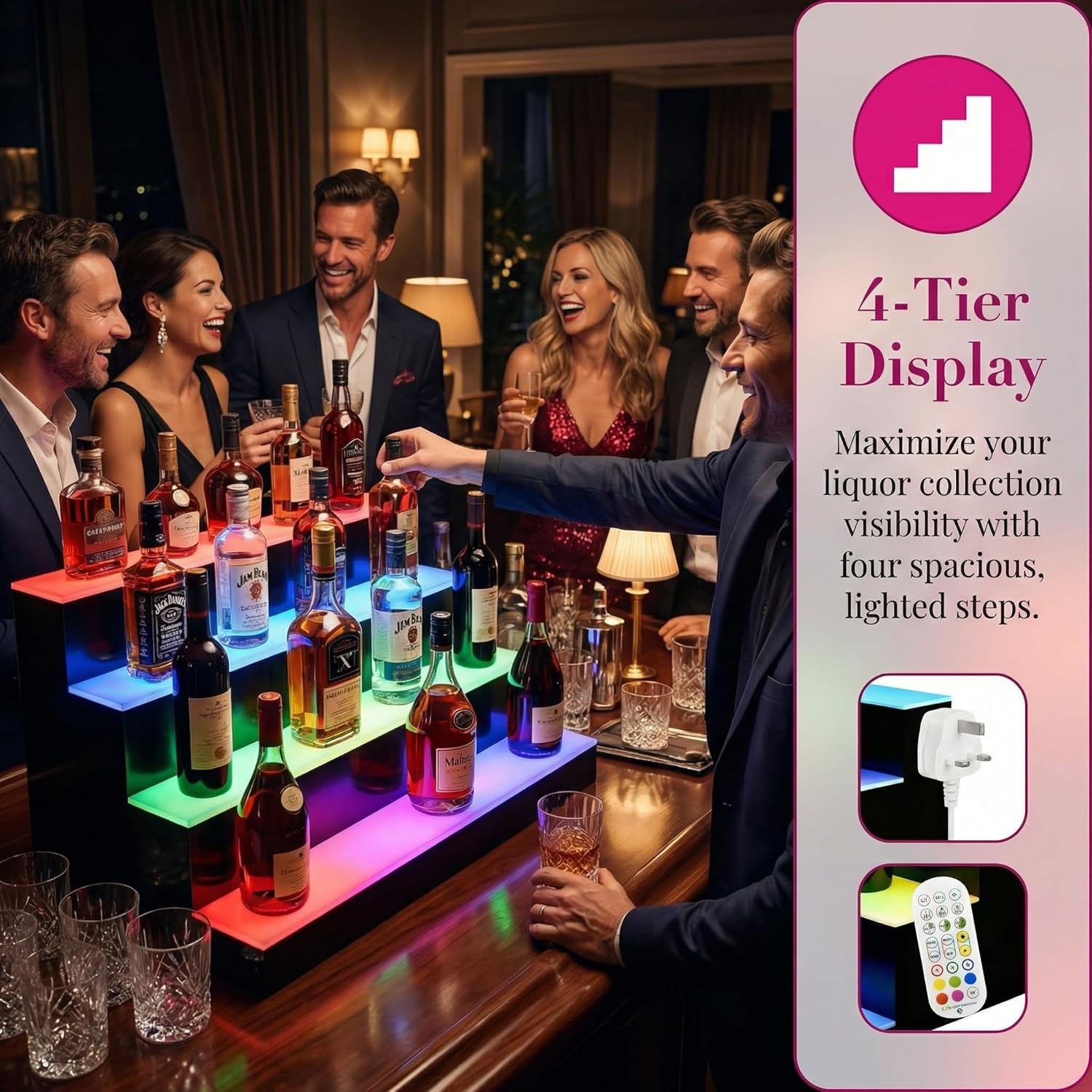 4-Tier LED Lighted Liquor Bottle Display Shelf, 23.6"x 15.8"x 12.6" Acrylic Bar Rack with Remote Control & Music Sync, Holds 24 Bottles, RGB 9 Colors for Home Bar, Pub, Party