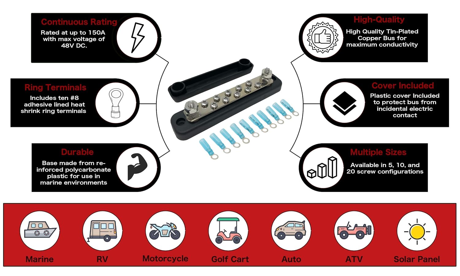 10 Terminal Bus Bar Kit for Power and Ground Distribution - Heat Shrink Ring Terminals and Cover Included