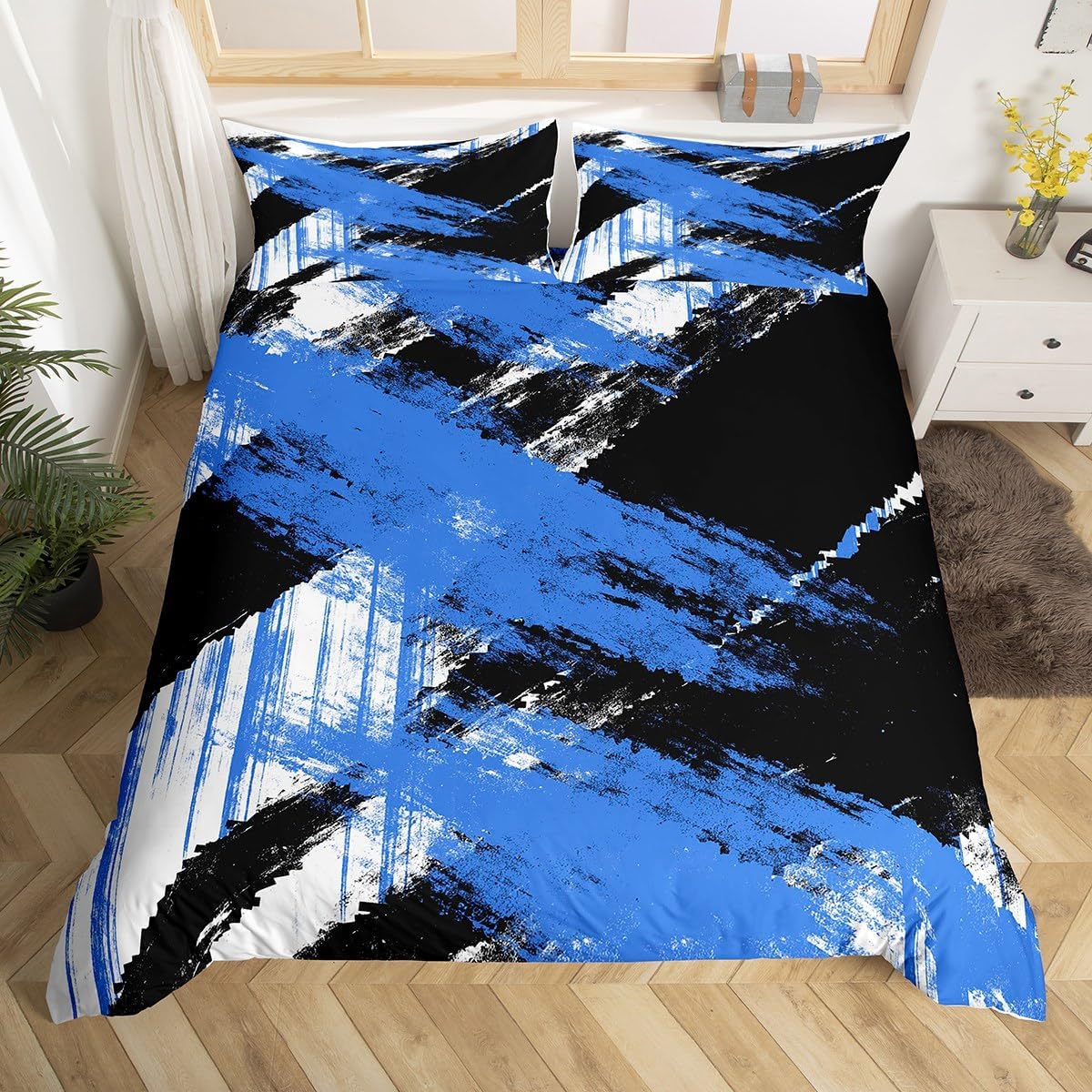 jejeloiu Abstract Art Comforter Cover Kids Toddler Modern Geometric Bedding Set for Boys Girls Teens White Black Blue Duvet Cover Room Decor（No Comforter