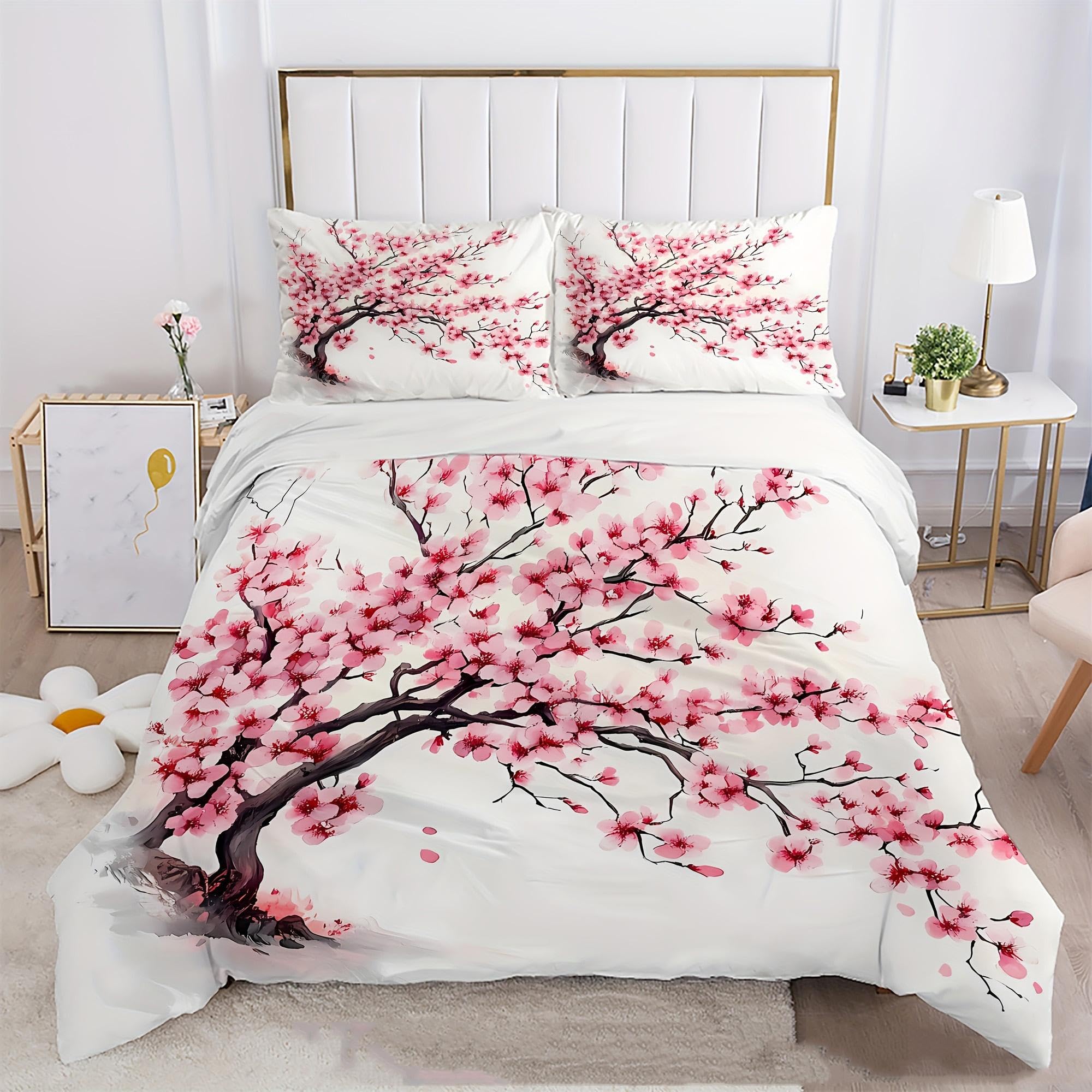 Housse de couette cerisier en fleurs parure de lit grand format pour lit double