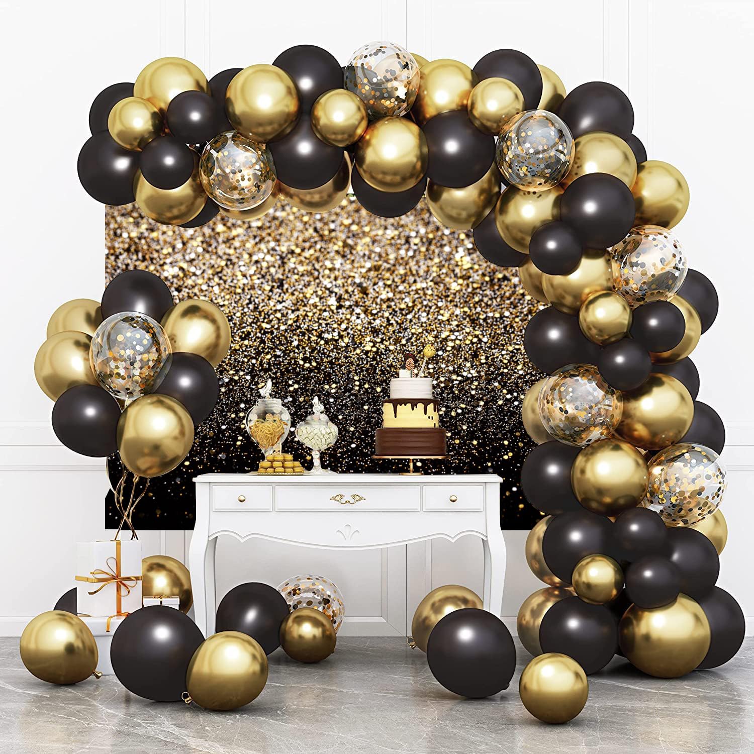 Gold Hintergrund 2.5x1.8m, Glitter Goldenen Partikel Schwarz Traum Foto Hintergrund, Vinyl Fotobox Hintergrund für Geburtstag Hochzeit Abschluss Ball Party, Portrait Fotostudios Hintergründe