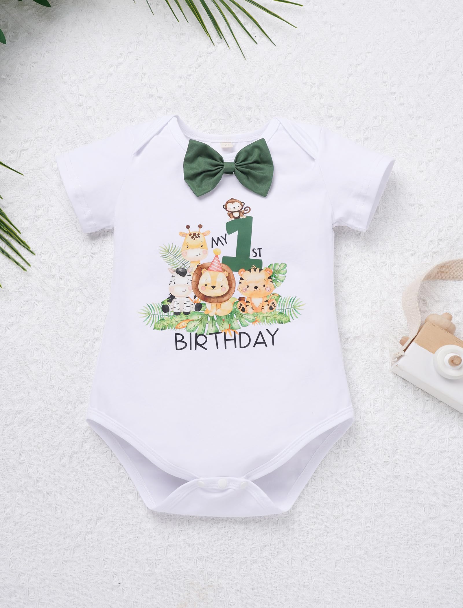 FYMNSI Baby Boy 1st Birthday Cake Smash Outfit Jungle Safari Party Manica Corta Pagliaccetto Pantaloncini Y back Bretelle Cappello 4pcs Set