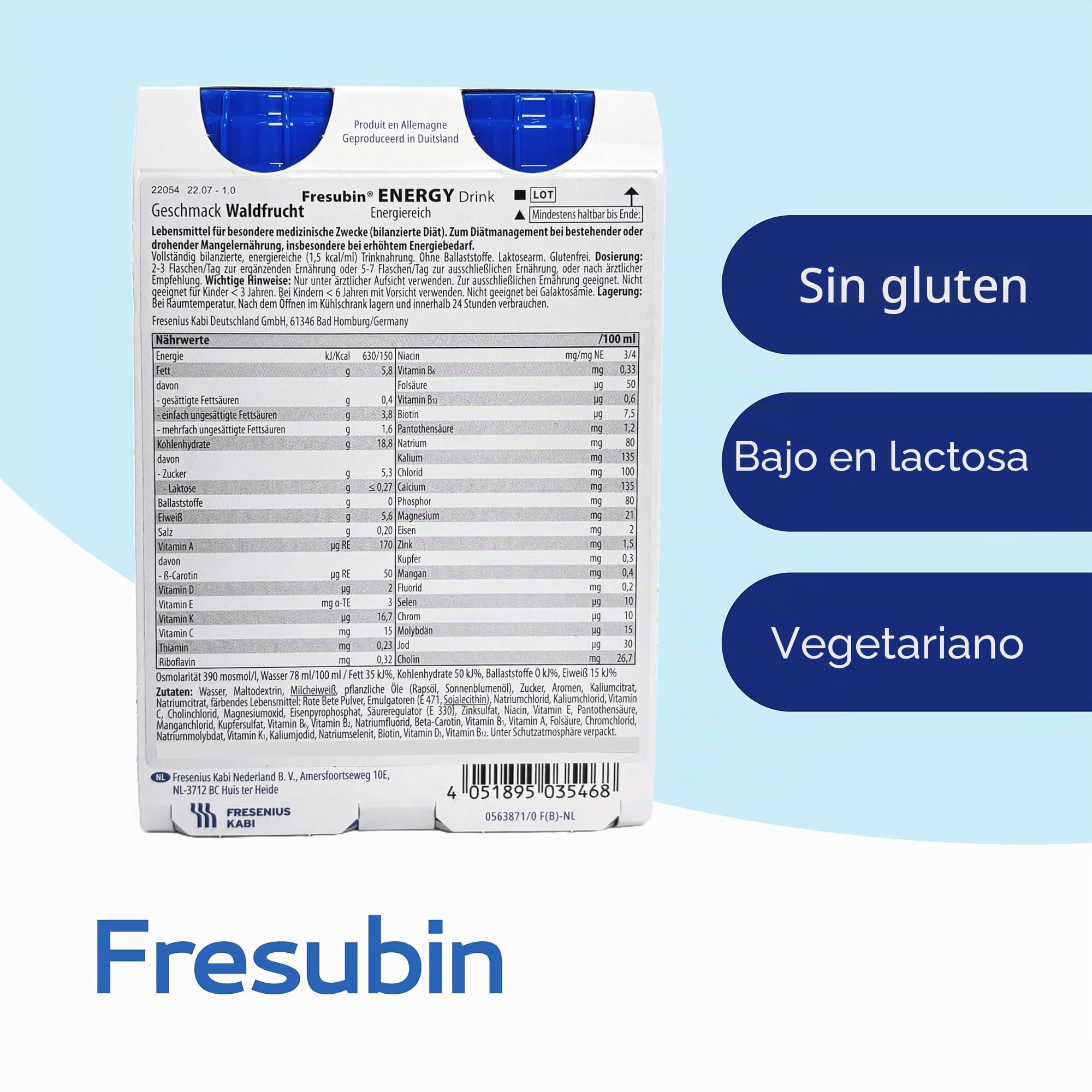 Fresubin Bebida energética – Frutas del bosque de alimentos altos en calorías de Fresenius Kabi, 300 kcal por botella, baja en lactosa, sin fibra, ideal para desnutrición (200 ml (24 unidades), fruta