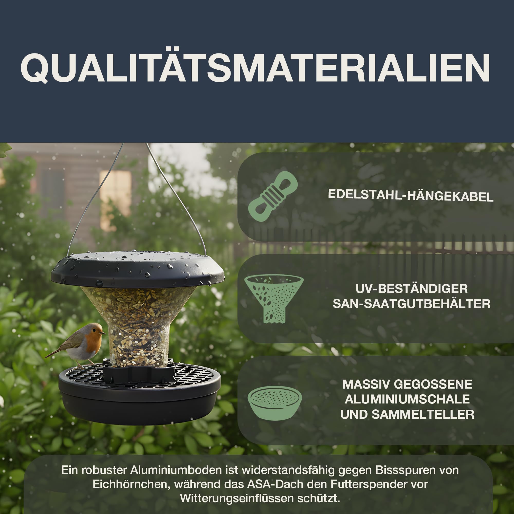 SWISSINNO Vogelfutterhaus zum Aufhängen Chur SMART Birds EICHHÖRNCHENRESISTENT – Massives Aluminium-Druckguss-Gehäuse, UV-beständiges ASA-Dach & SAN-Futterbehälter