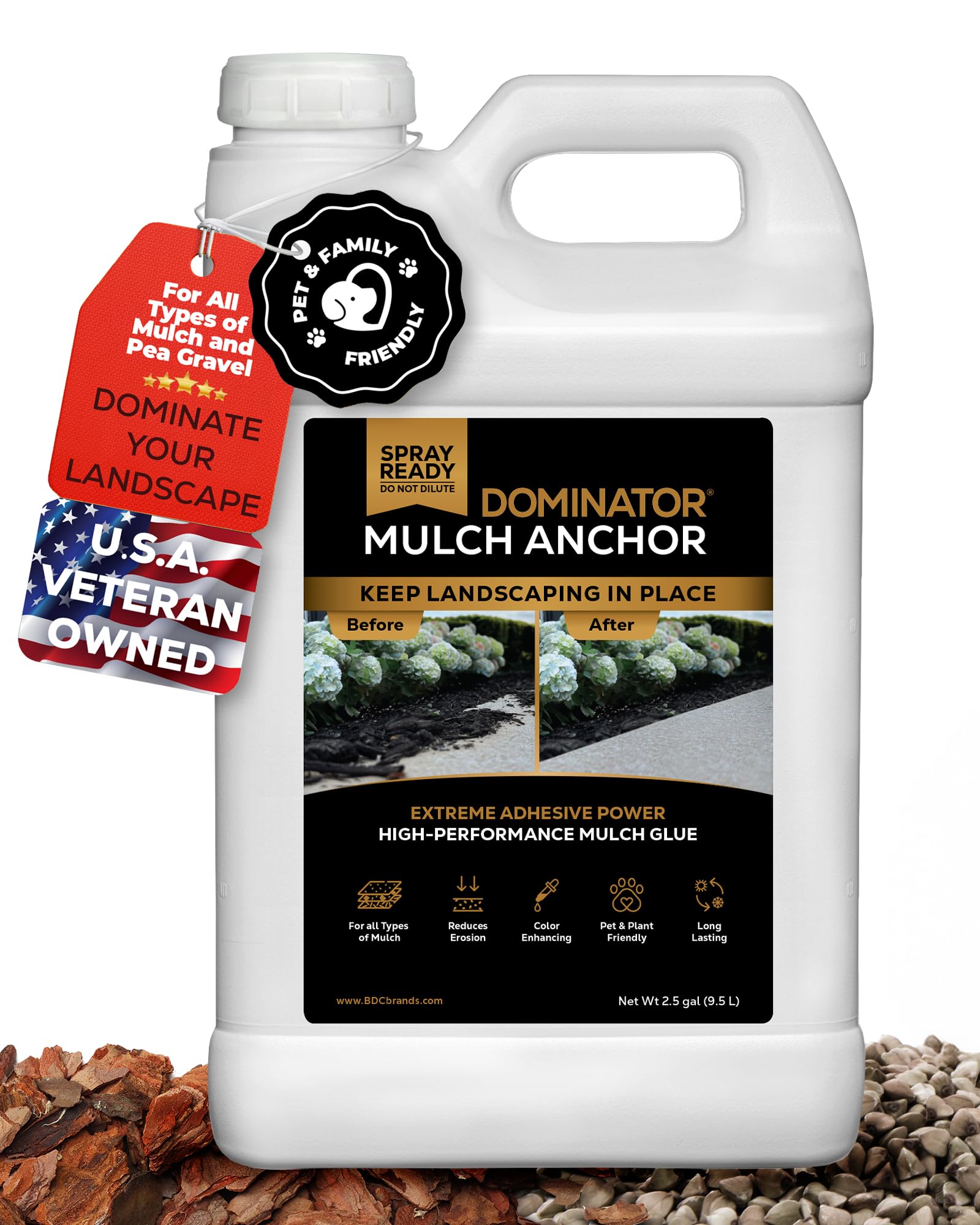 DOMINATOR Mulch Anchor 2.5 Gallons - Mulch Glue and Pea Gravel Stabilizer, Ready to Use Spray, Lasts up to 2 Years, Fast-Dry, Non-Toxic, Strong Mulch Glue for Landscapes