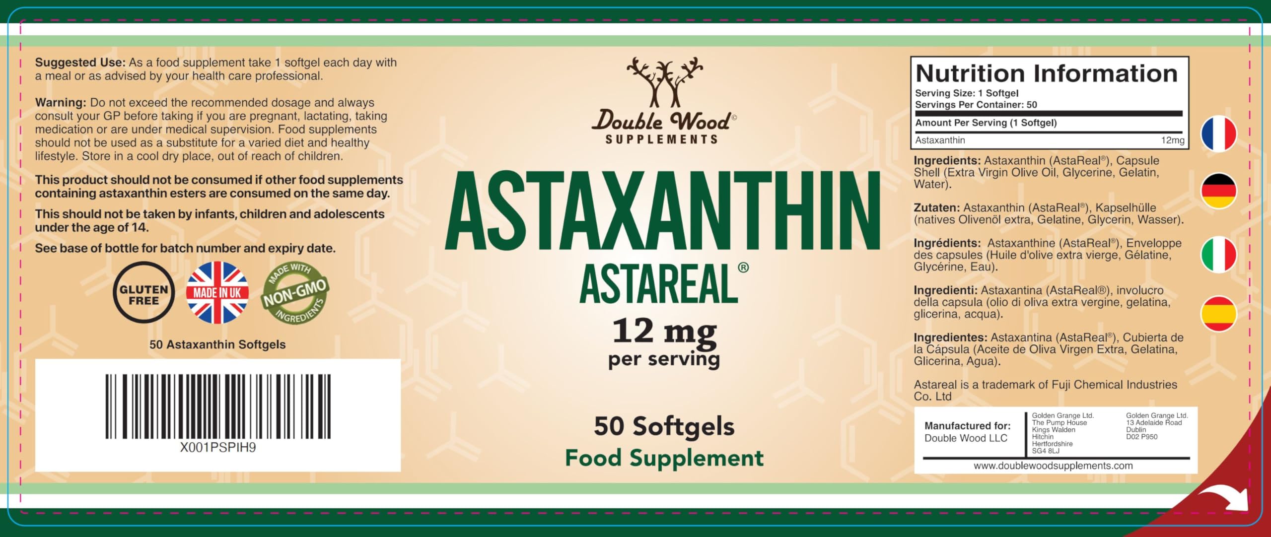 Double Wood Astaxantina | 50 Cápsulas Blandas - 12mg de Astaxantin por Porción | Suplemento Antioxidante de Alta Potencia | Sin OGM ni Gluten | Hecho en el RU